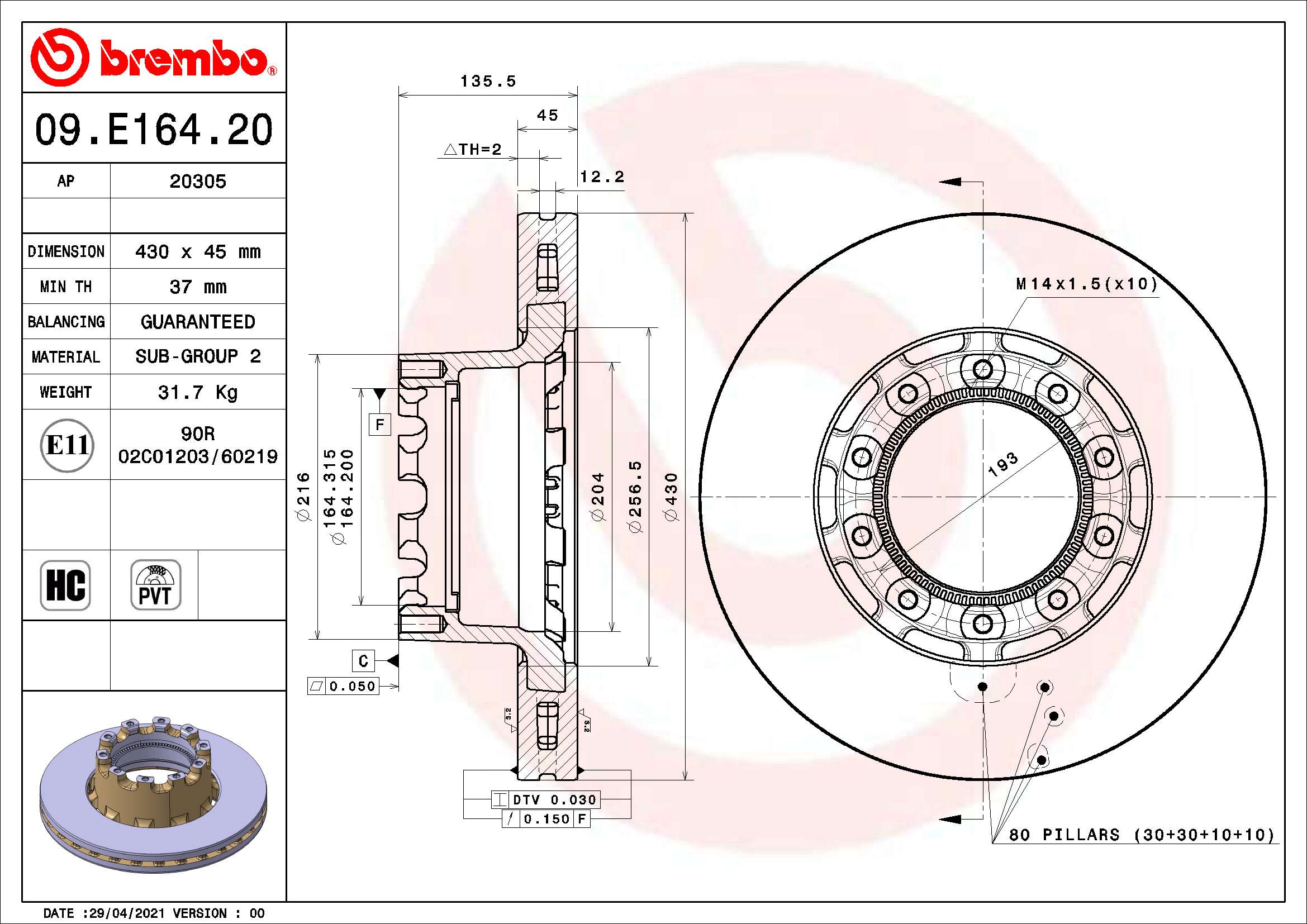 BREMBO 09.E164.20 PRIME LINE - Co-Cast Bremsscheibe