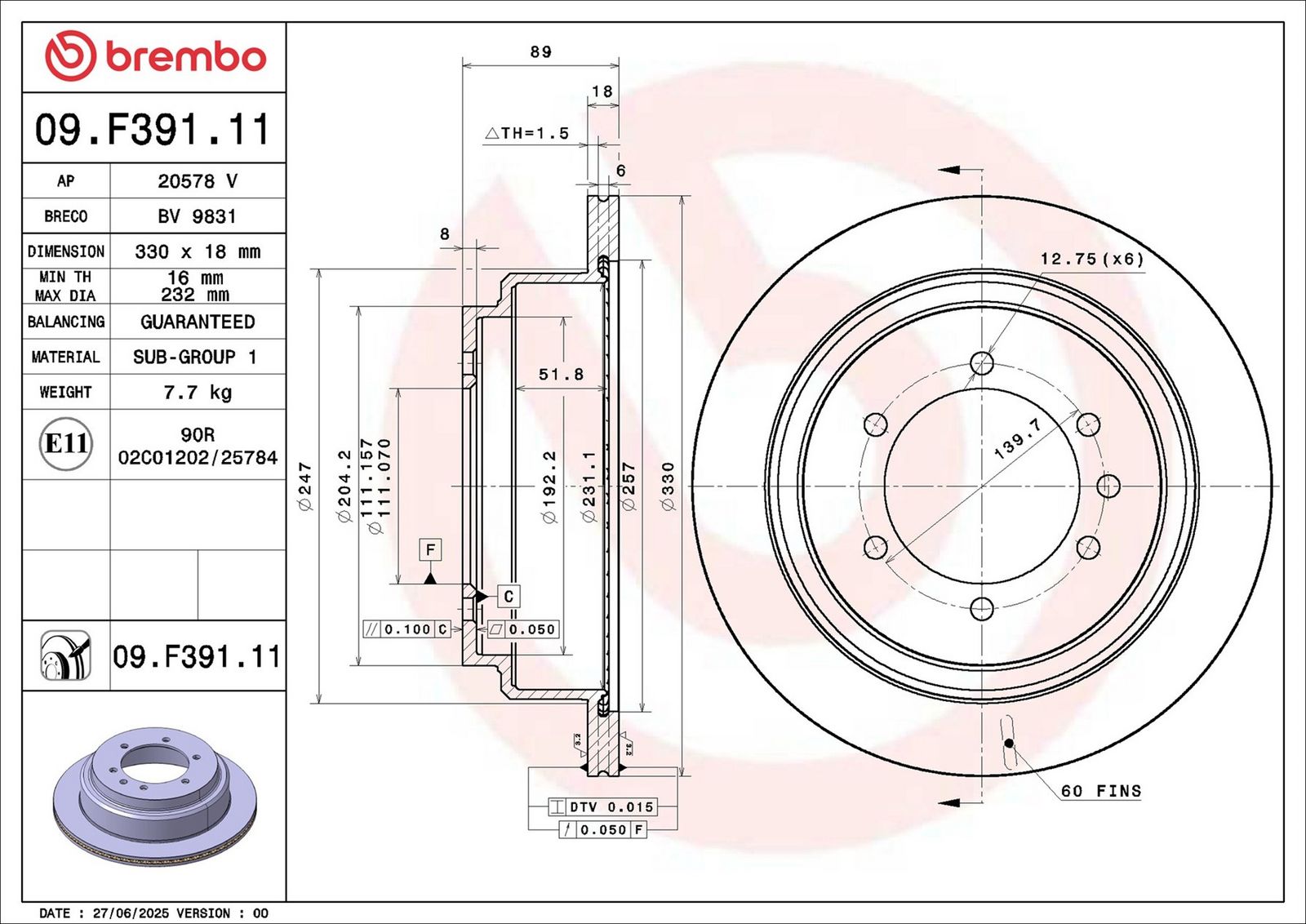 BREMBO 09.F391.11 PRIME LINE - UV Coated Brzdový kotúč