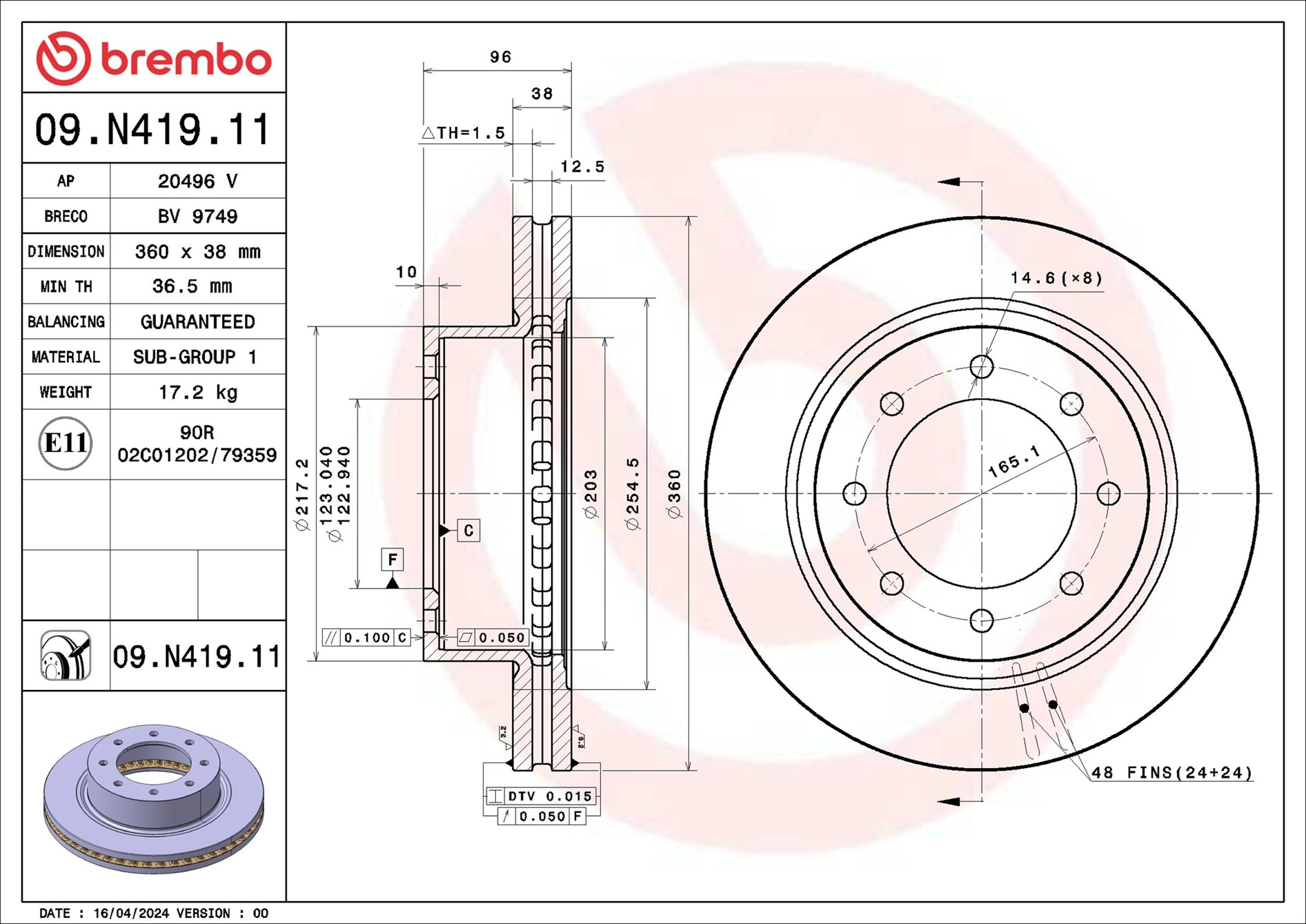BREMBO 09.N419.11 PRIME LINE - UV Coated Bremsscheibe