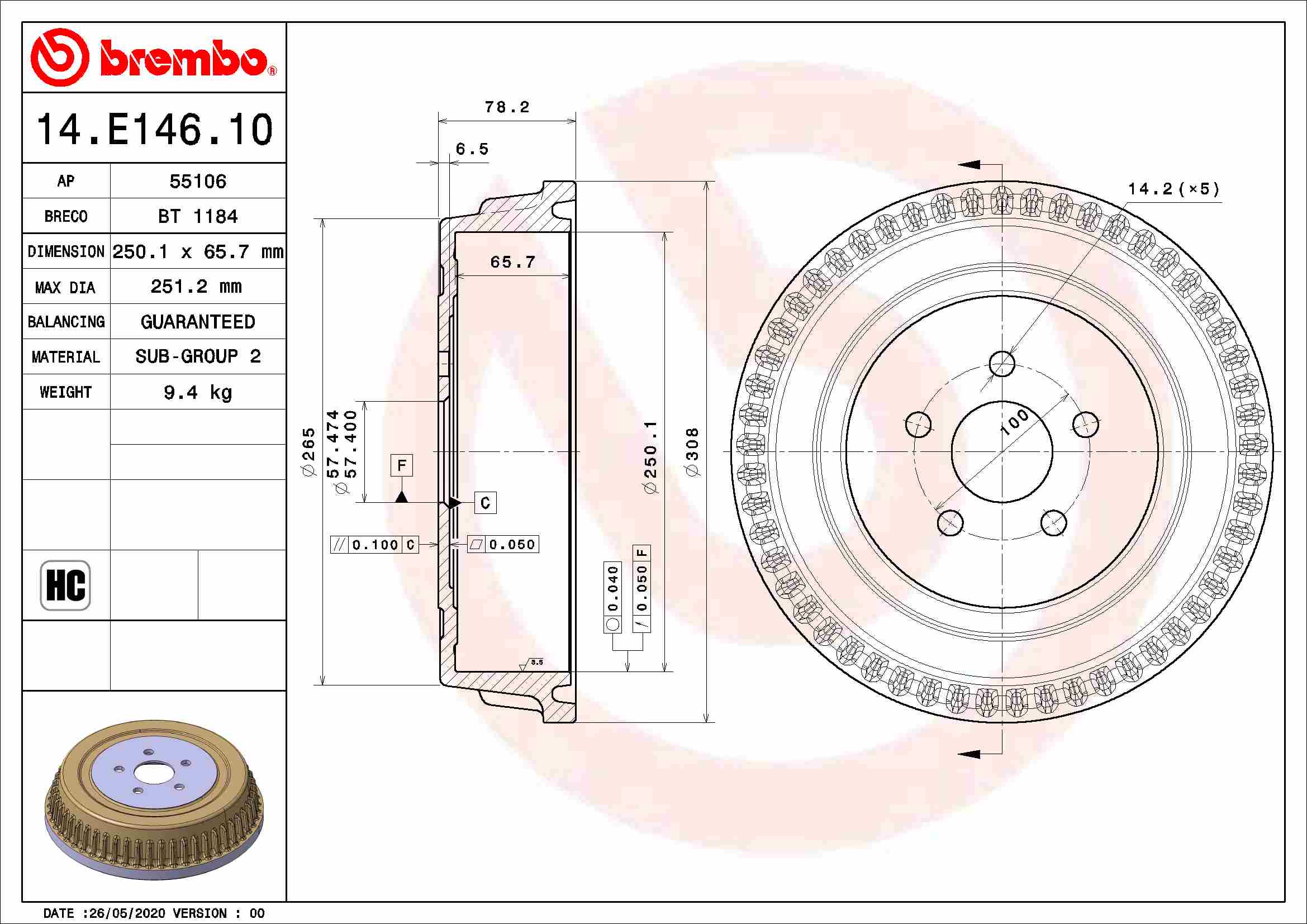 BREMBO 14.E146.10 Tamburo...