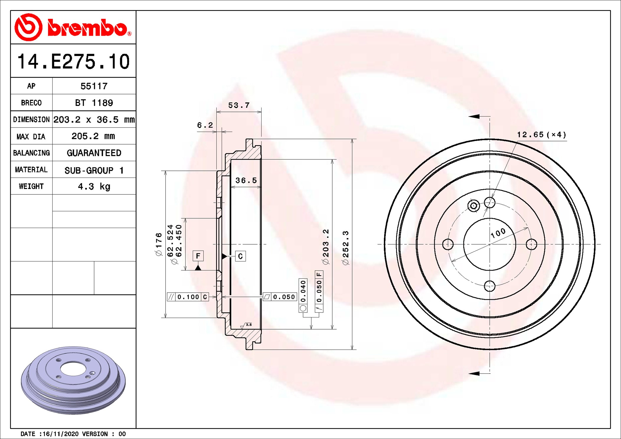 BREMBO 14.E275.10 Tamburo...