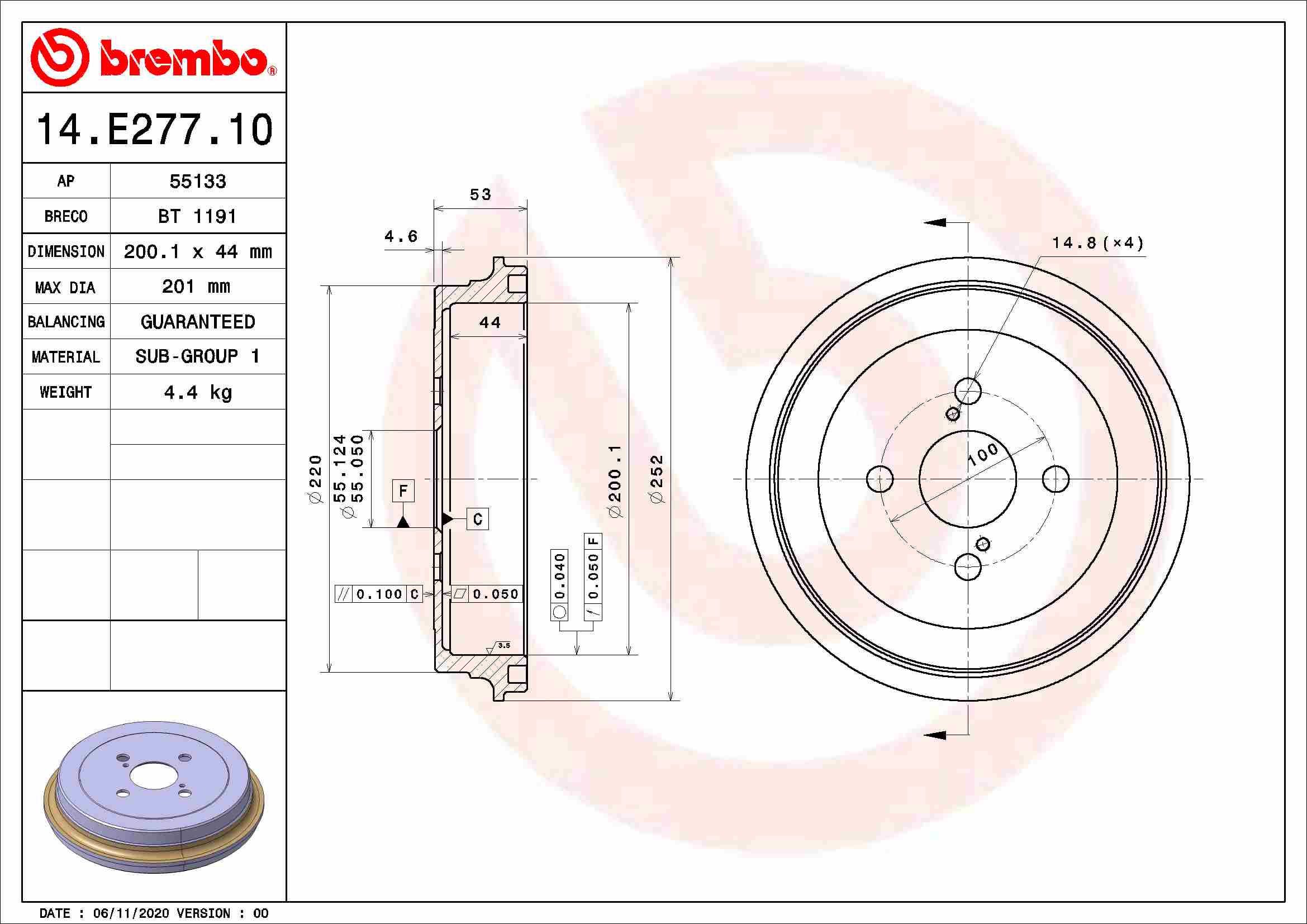 BREMBO 14.E277.10 Tamburo...