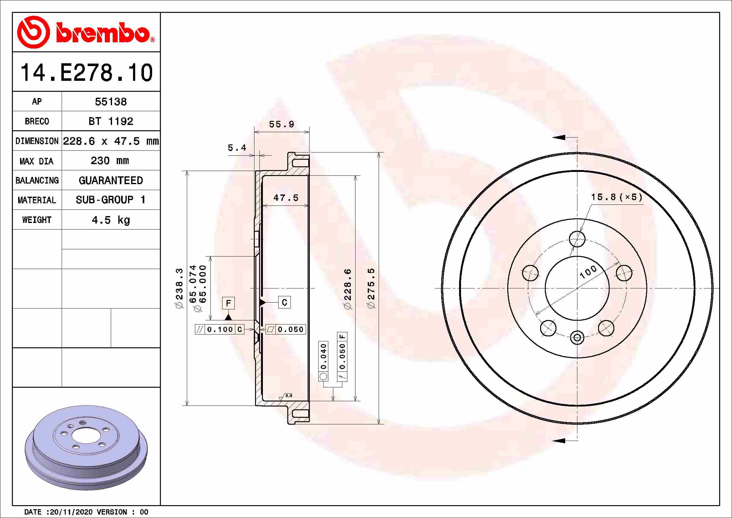 BREMBO 14.E278.10 Tamburo...