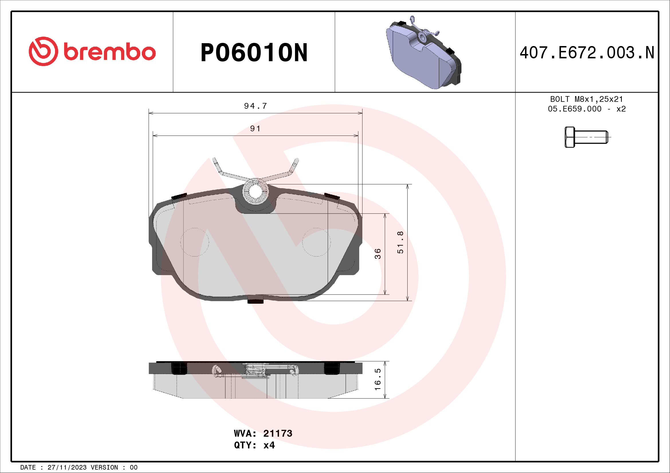 BREMBO P06010N PRIME LINE - Ceramic Bremsbelagsatz, Scheibenbremse