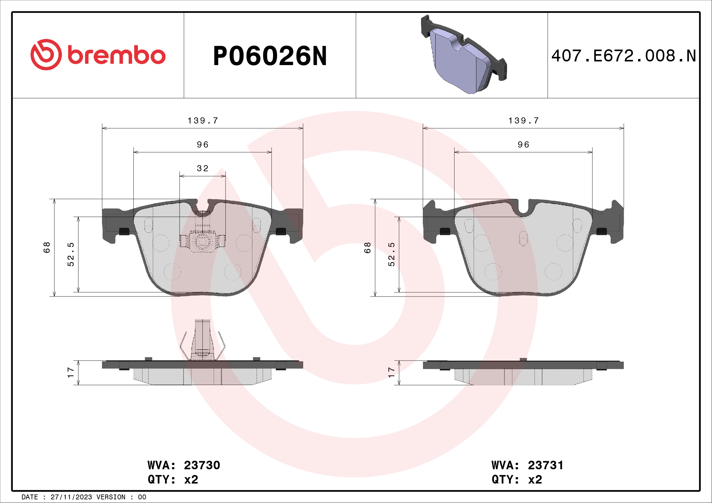 BREMBO P06026N PRIME LINE - Ceramic Bremsbelagsatz, Scheibenbremse