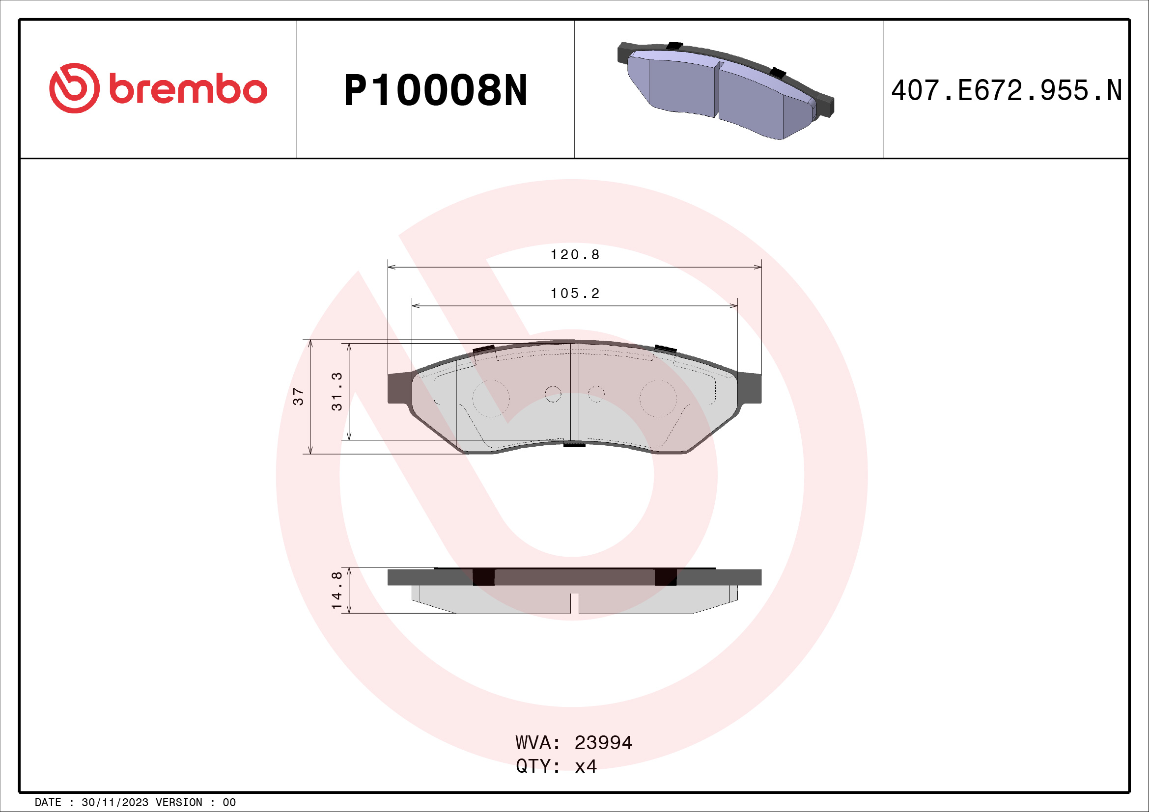 BREMBO P10008N PRIME LINE - Ceramic Bremsbelagsatz, Scheibenbremse