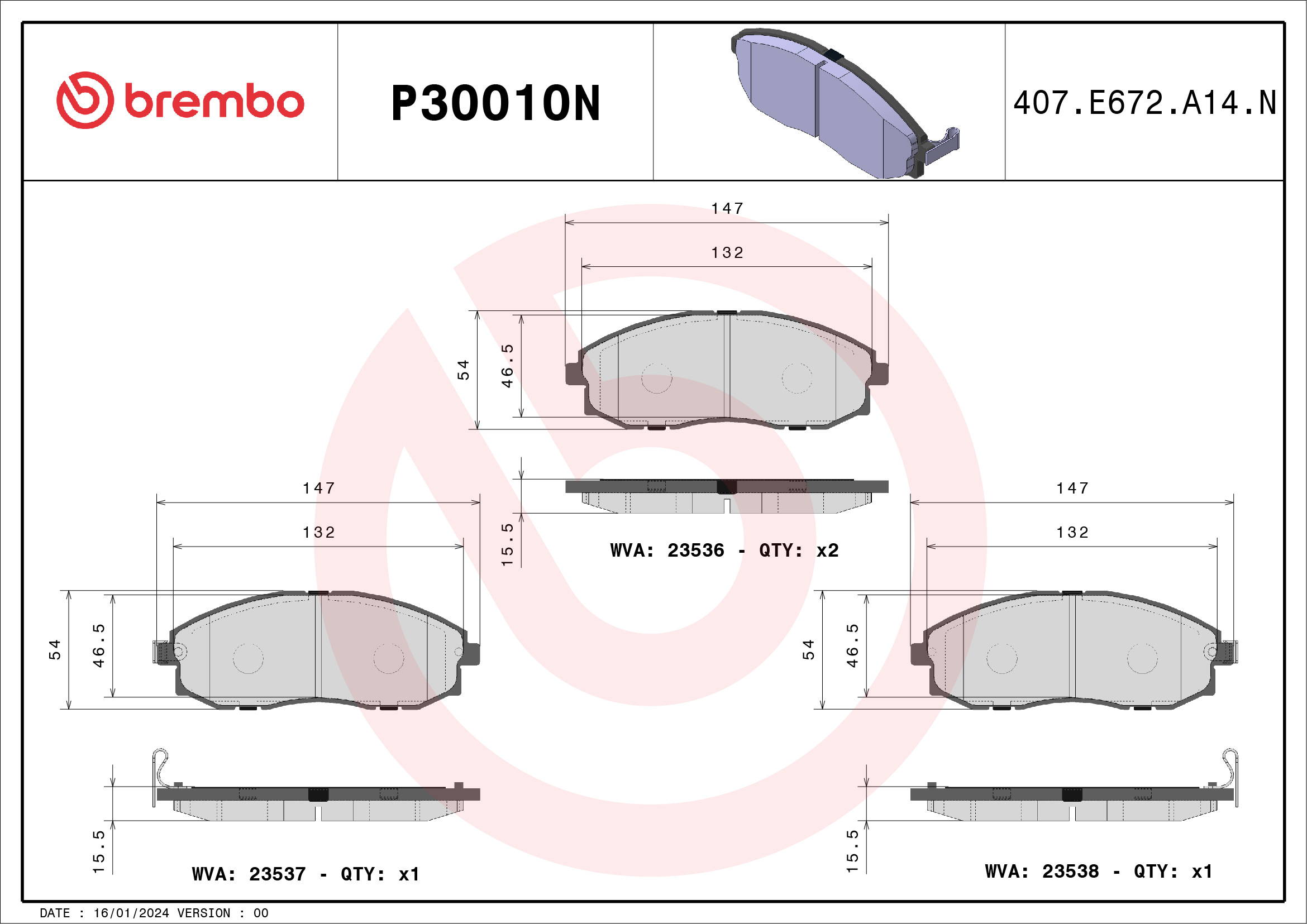 BREMBO P30010N PRIME LINE - Ceramic Bremsbelagsatz, Scheibenbremse