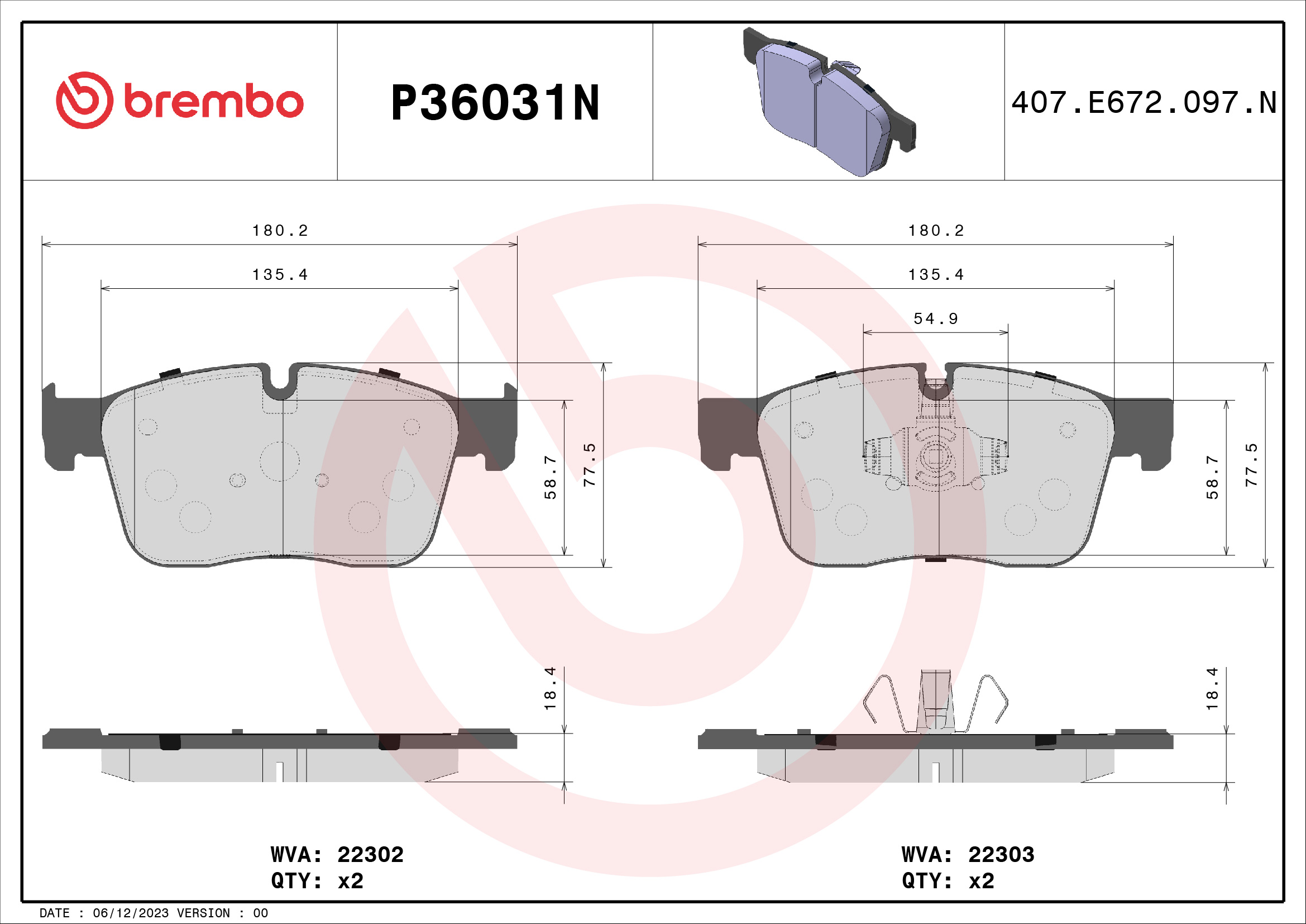 BREMBO P36031N PRIME LINE - Ceramic Bremsbelagsatz, Scheibenbremse