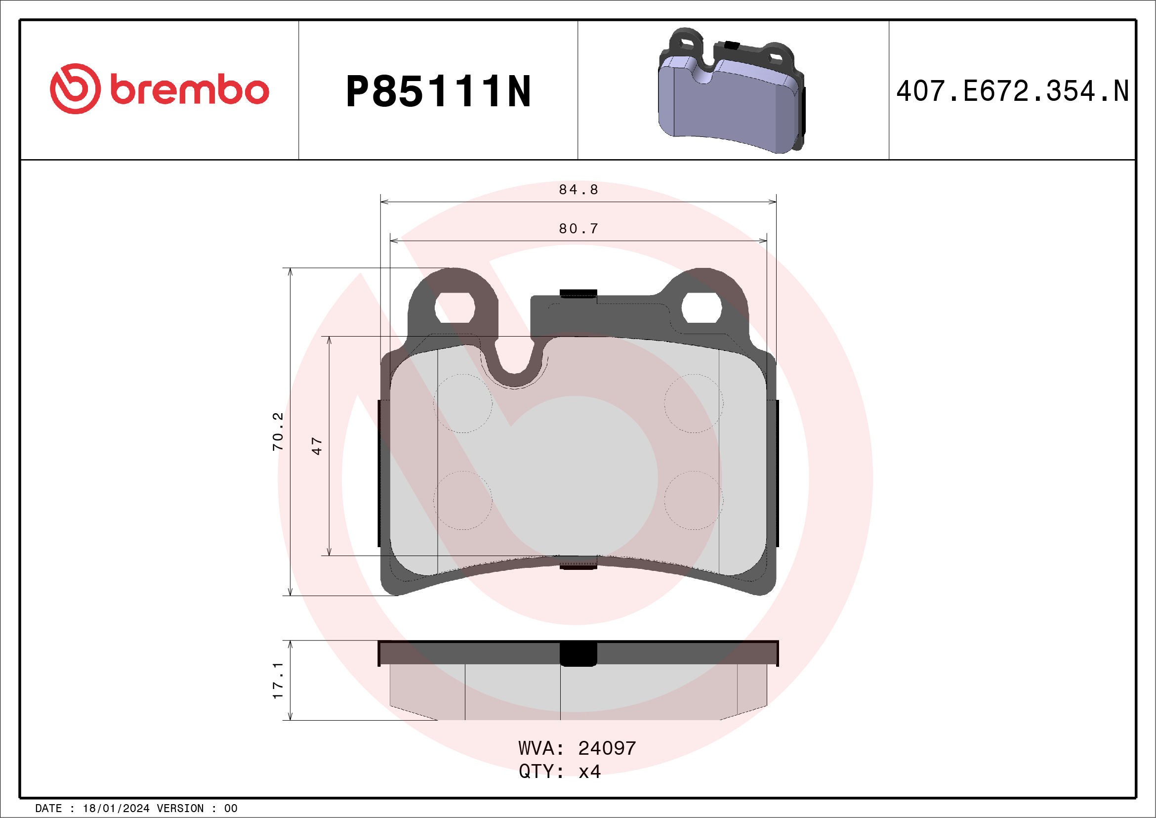 BREMBO P85111N PRIME LINE - Ceramic Bremsbelagsatz, Scheibenbremse