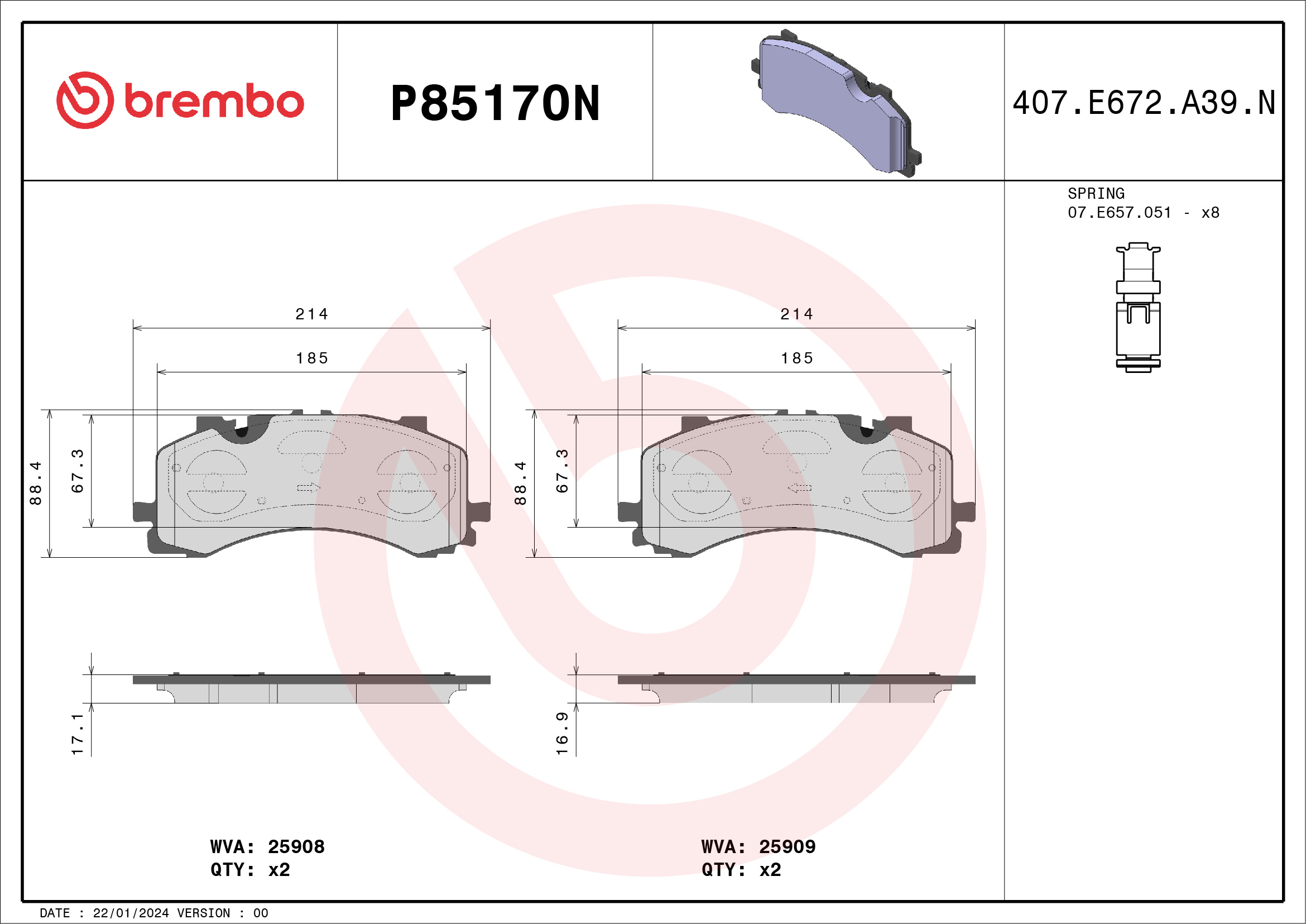BREMBO P85170N PRIME LINE - Ceramic Bremsbelagsatz, Scheibenbremse