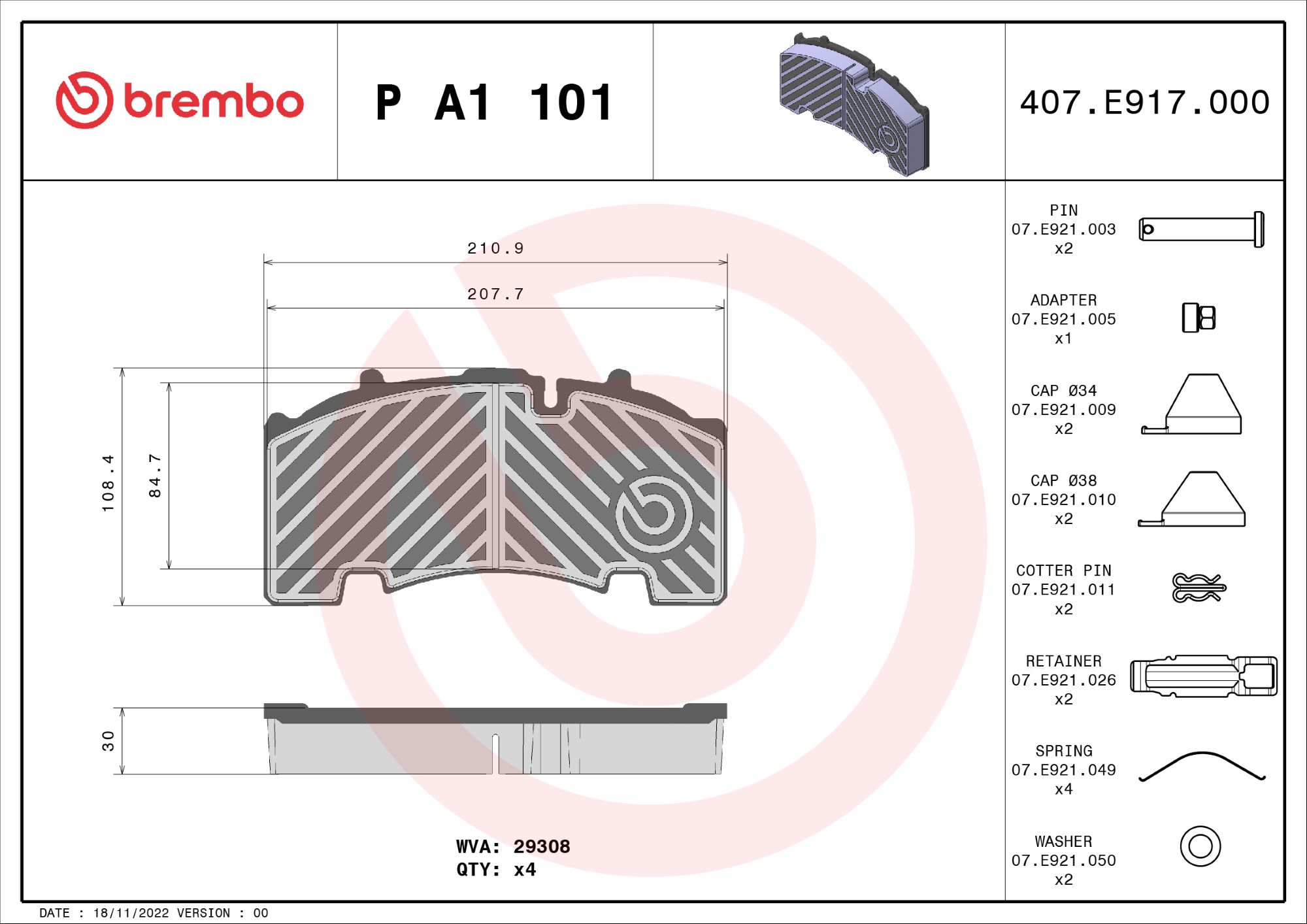 BREMBO P A1 101 PRIME LINE Bremsbelagsatz, Scheibenbremse