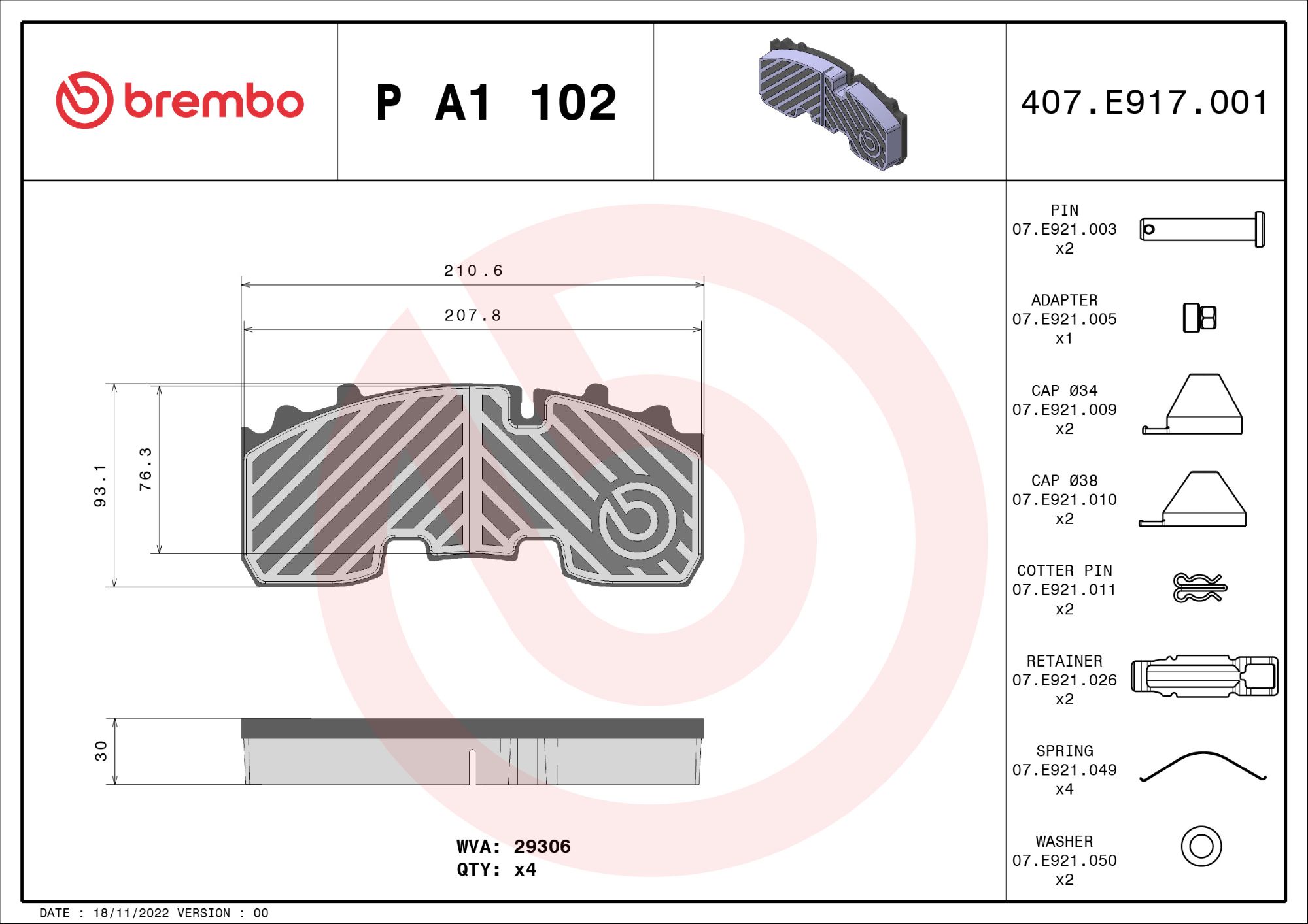 BREMBO P A1 102 PRIME LINE Bremsbelagsatz, Scheibenbremse