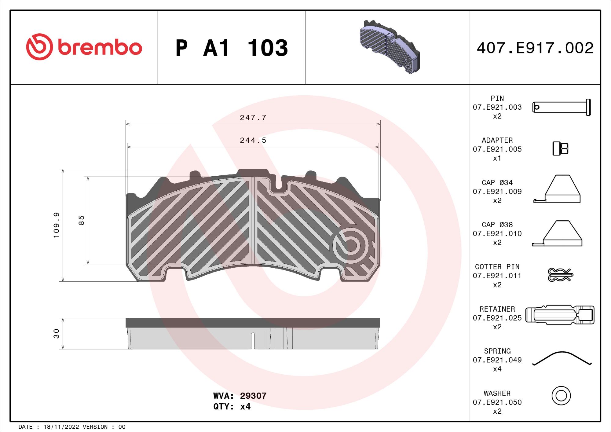 BREMBO P A1 103 PRIME LINE Bremsbelagsatz, Scheibenbremse