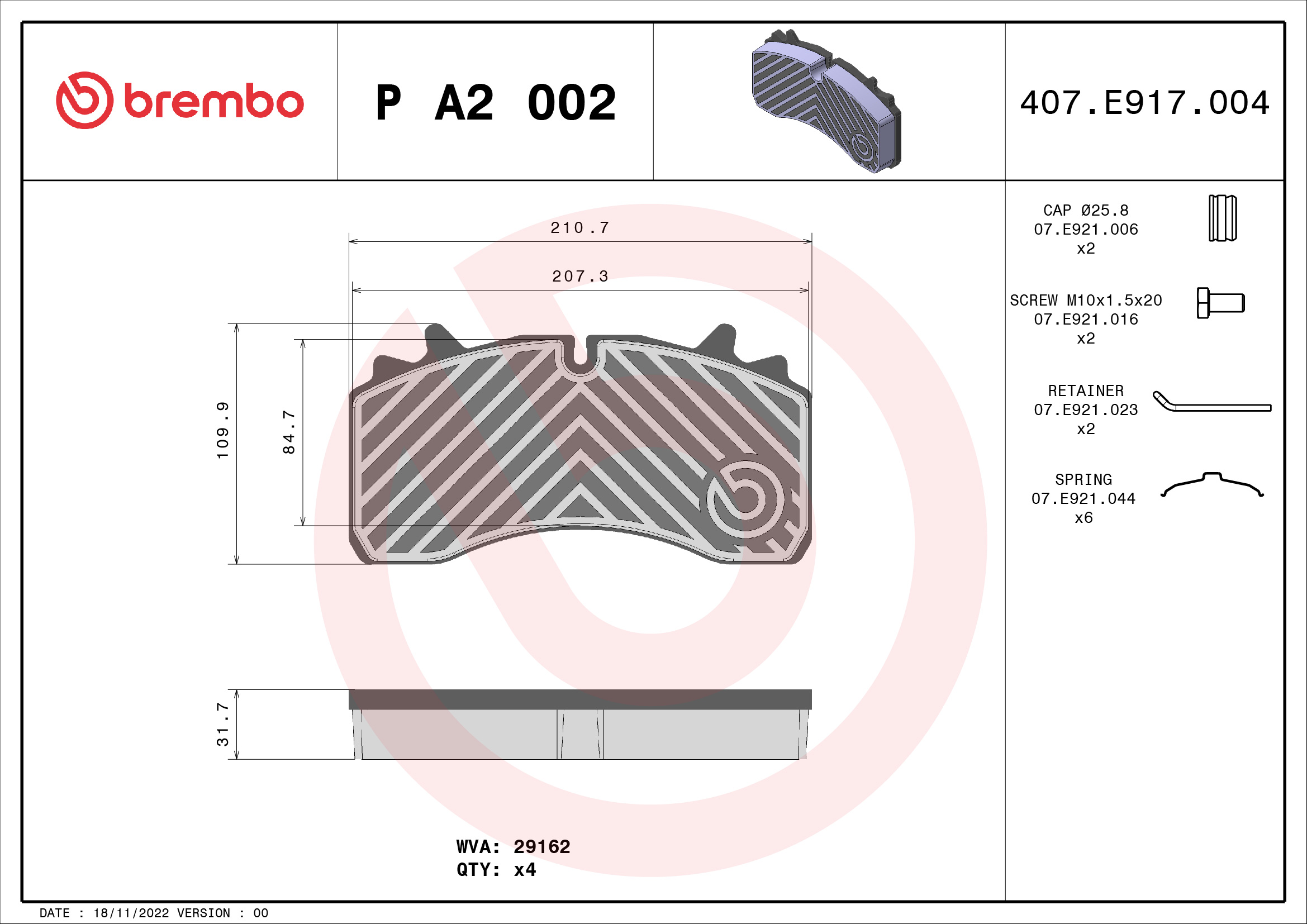 BREMBO P A2 002 PRIME LINE Bremsbelagsatz, Scheibenbremse