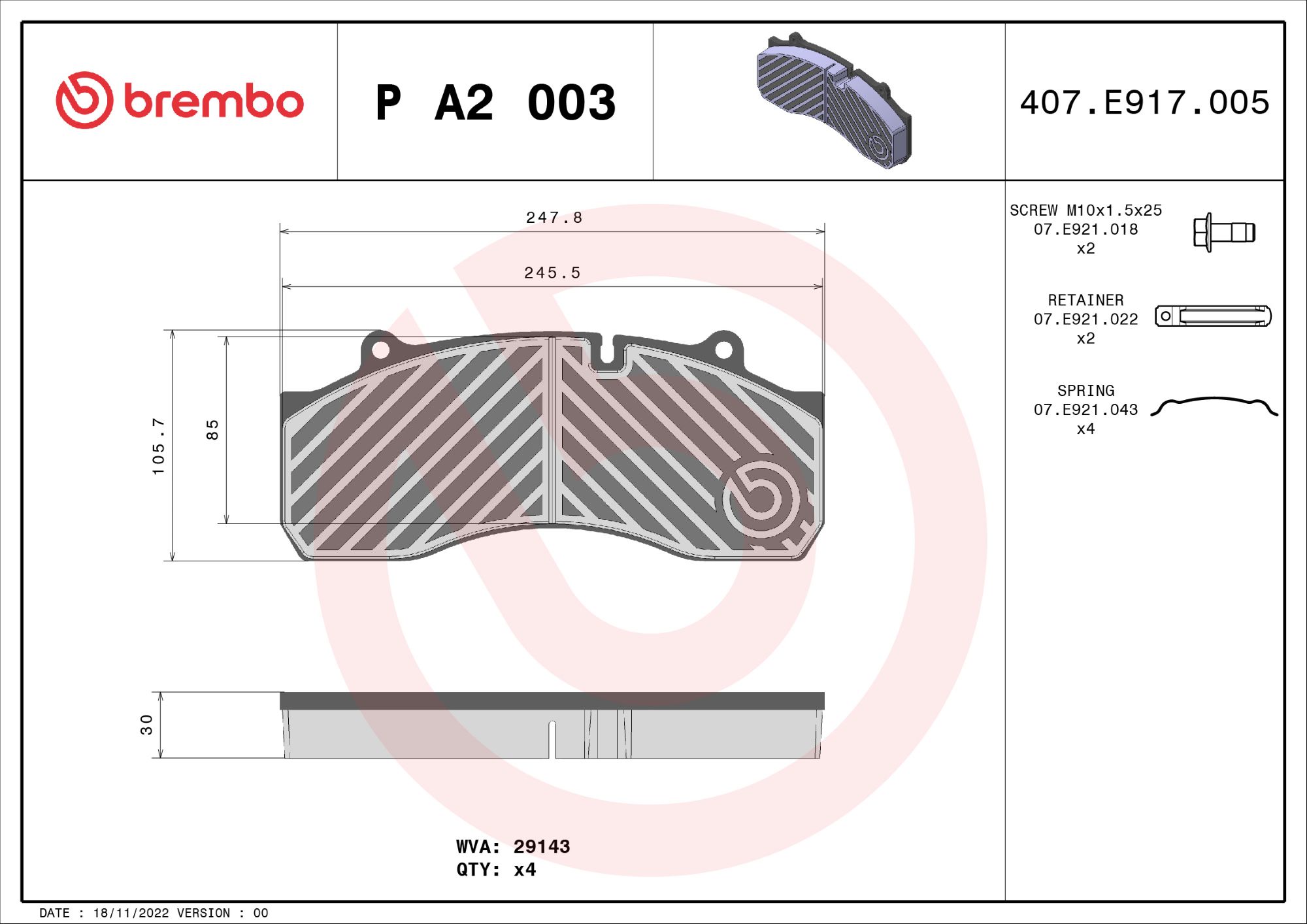 BREMBO P A2 003 PRIME LINE Bremsbelagsatz, Scheibenbremse