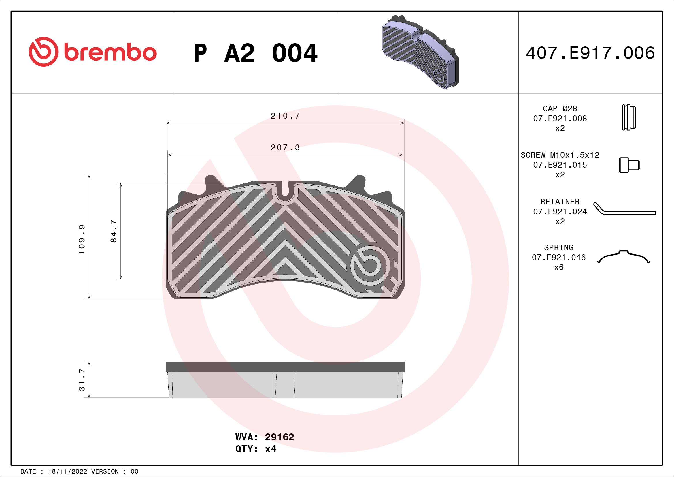 BREMBO P A2 004 PRIME LINE Bremsbelagsatz, Scheibenbremse