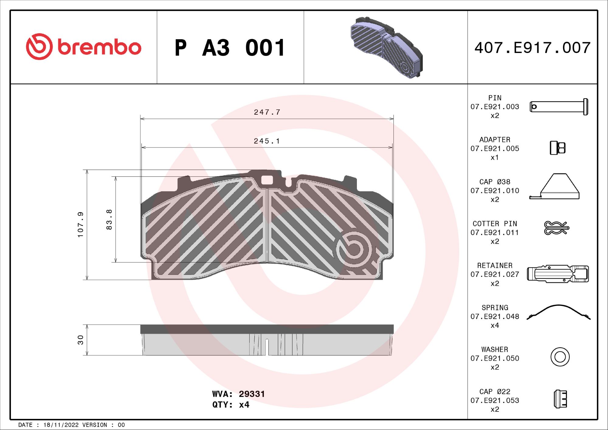 BREMBO P A3 001 PRIME LINE Bremsbelagsatz, Scheibenbremse