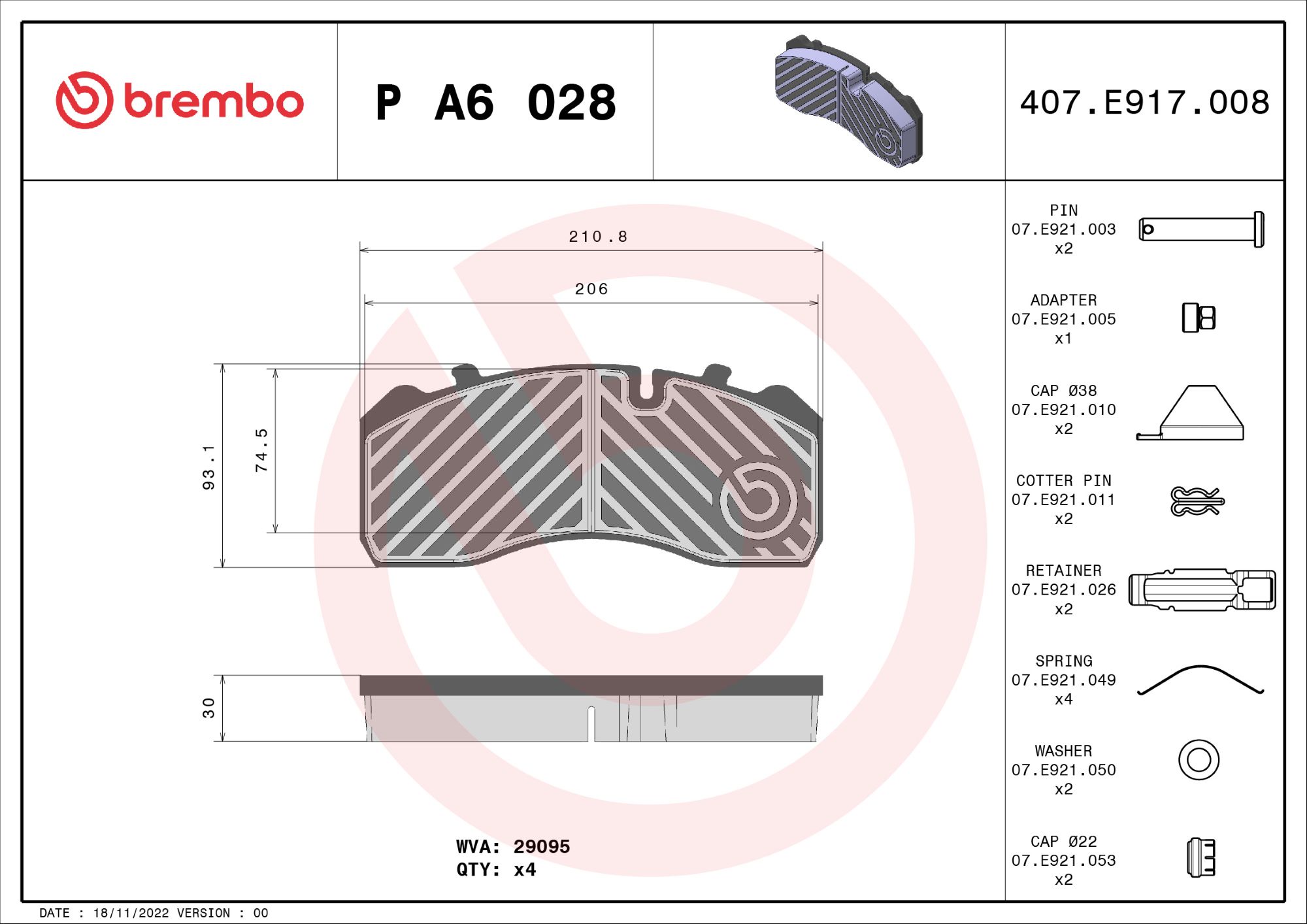 BREMBO P A6 028 PRIME LINE Bremsbelagsatz, Scheibenbremse