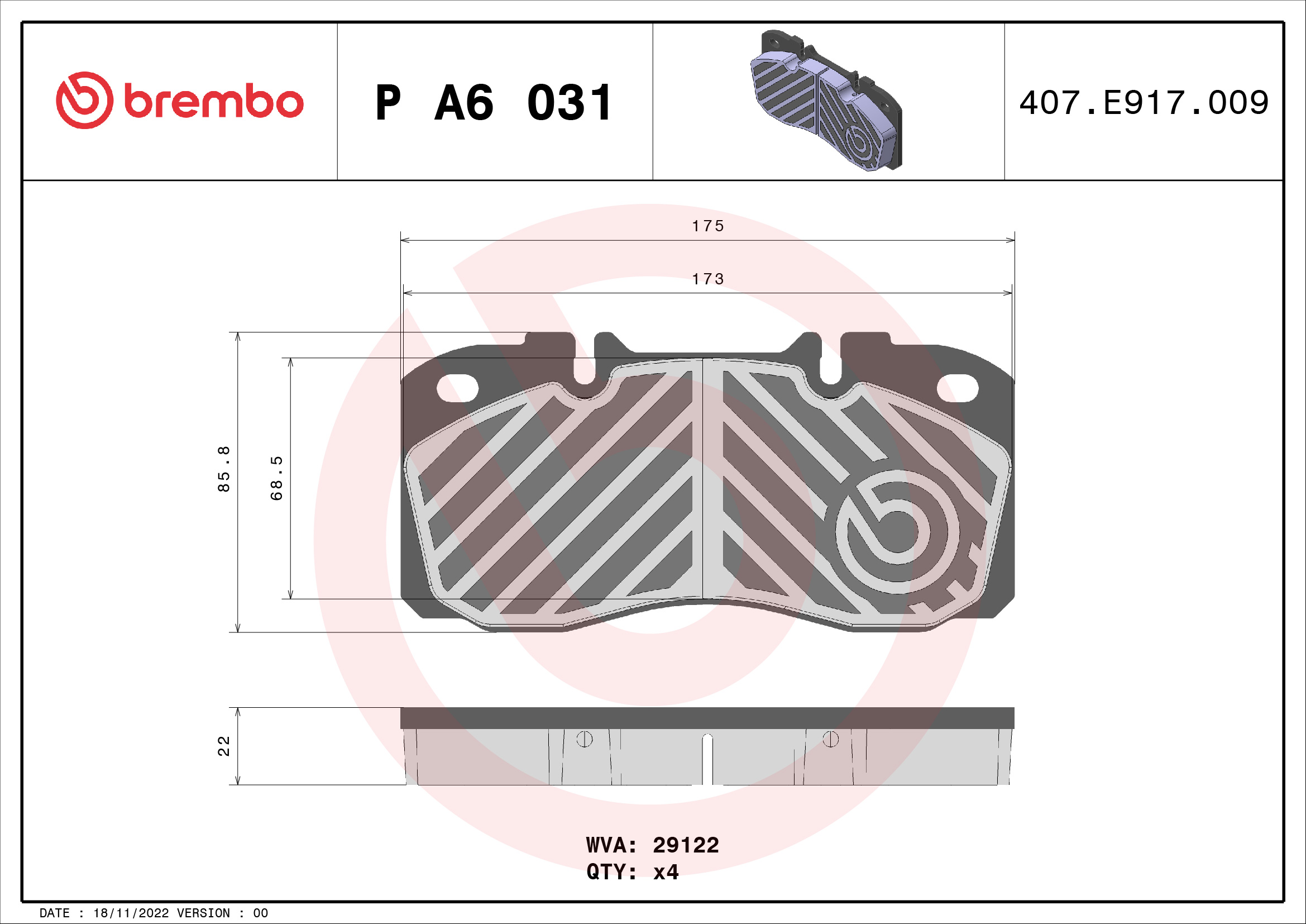 BREMBO P A6 031 PRIME LINE Bremsbelagsatz, Scheibenbremse