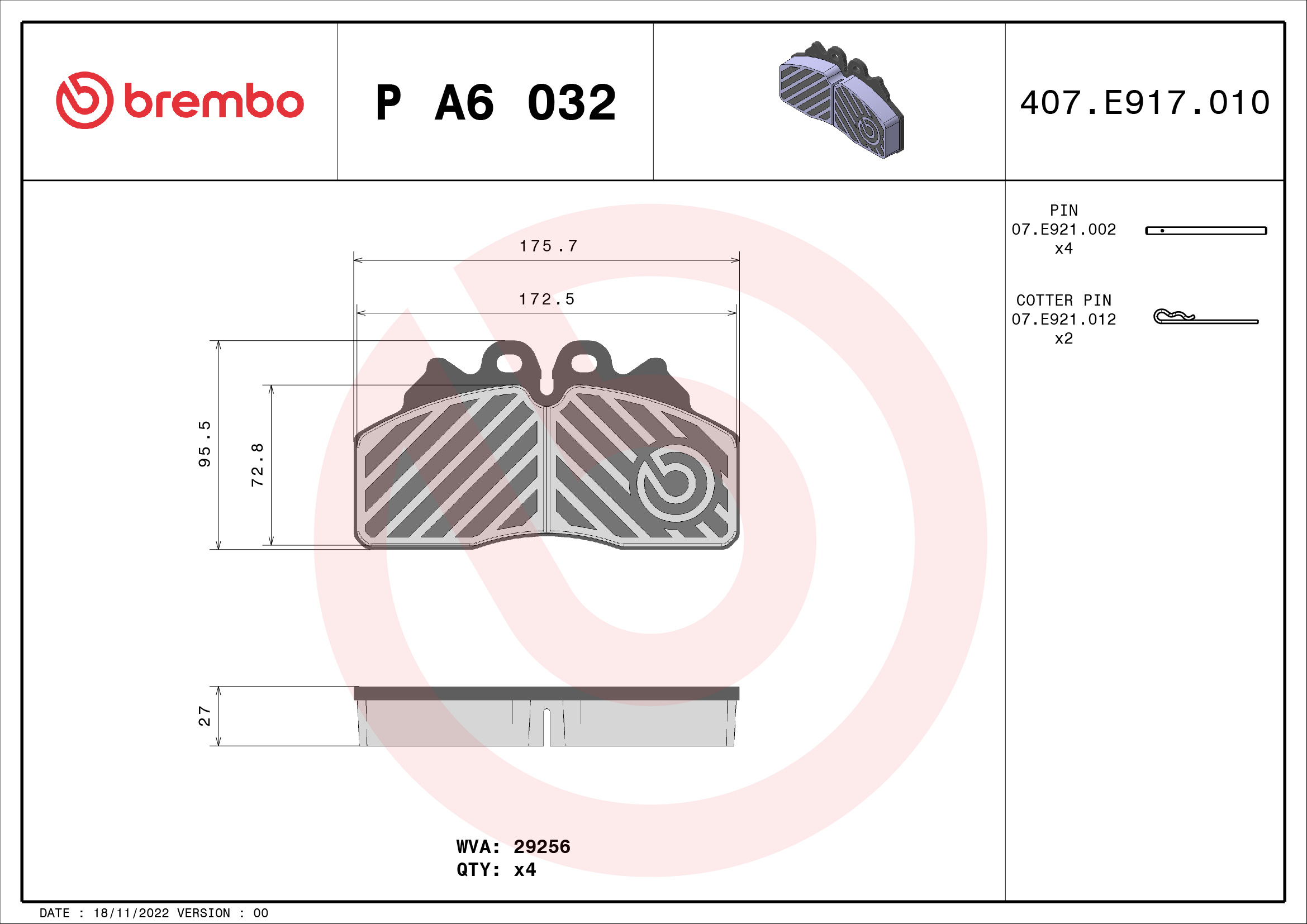 BREMBO P A6 032 PRIME LINE Bremsbelagsatz, Scheibenbremse