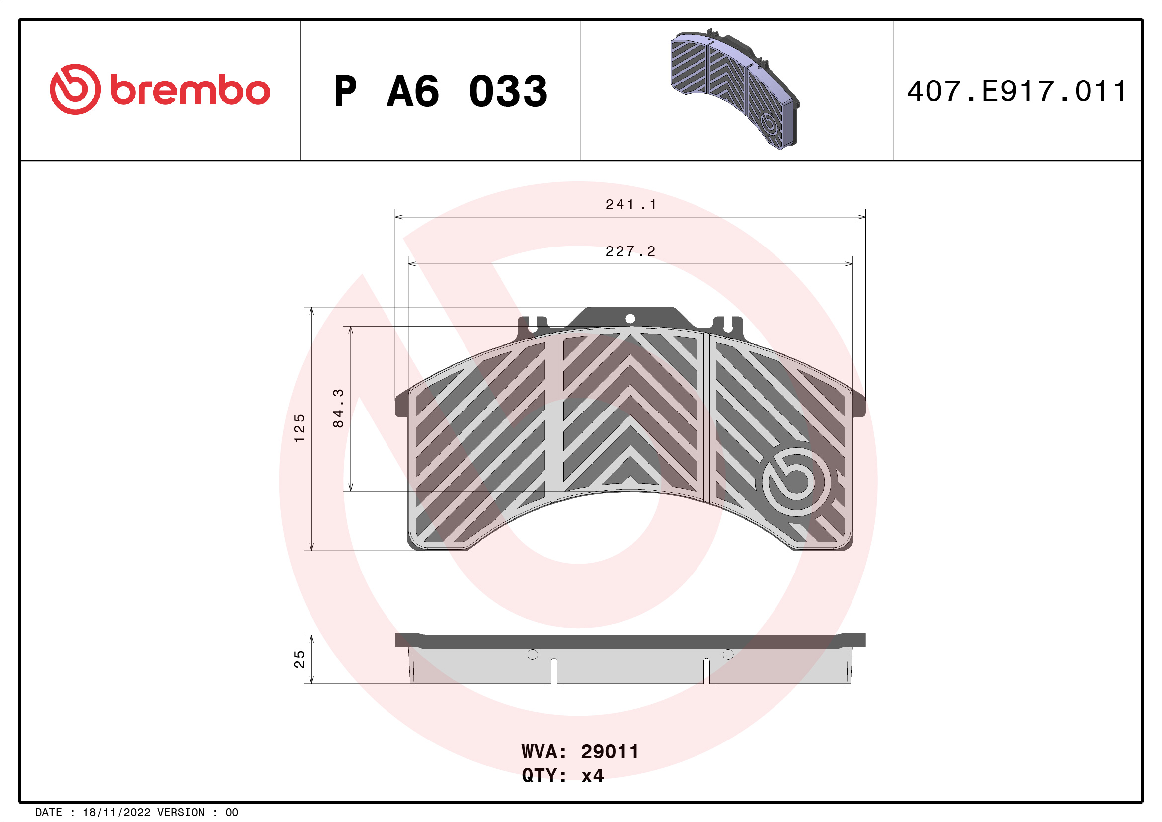 BREMBO P A6 033 PRIME LINE Bremsbelagsatz, Scheibenbremse