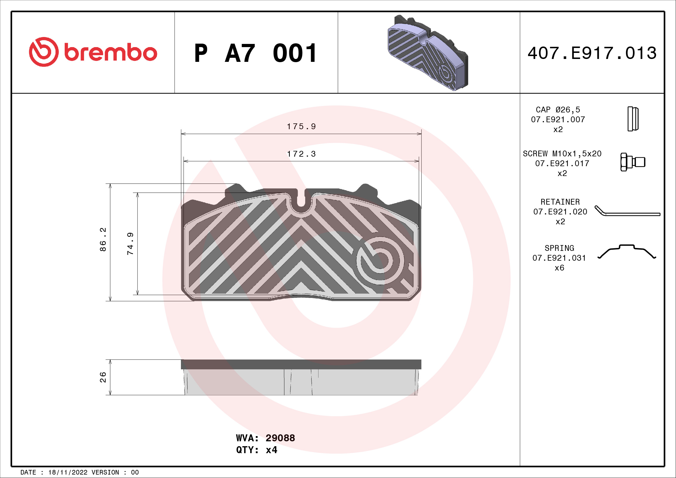 BREMBO P A7 001 PRIME LINE Bremsbelagsatz, Scheibenbremse