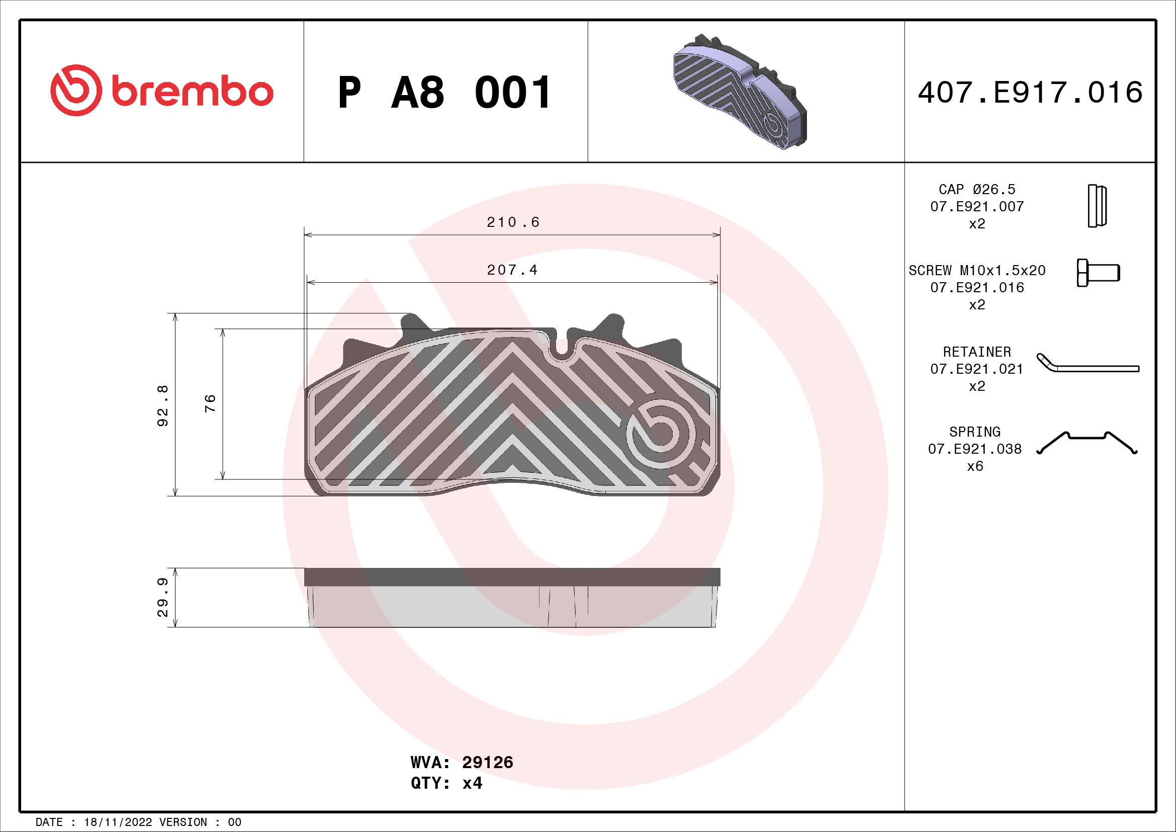 BREMBO P A8 001 PRIME LINE Bremsbelagsatz, Scheibenbremse