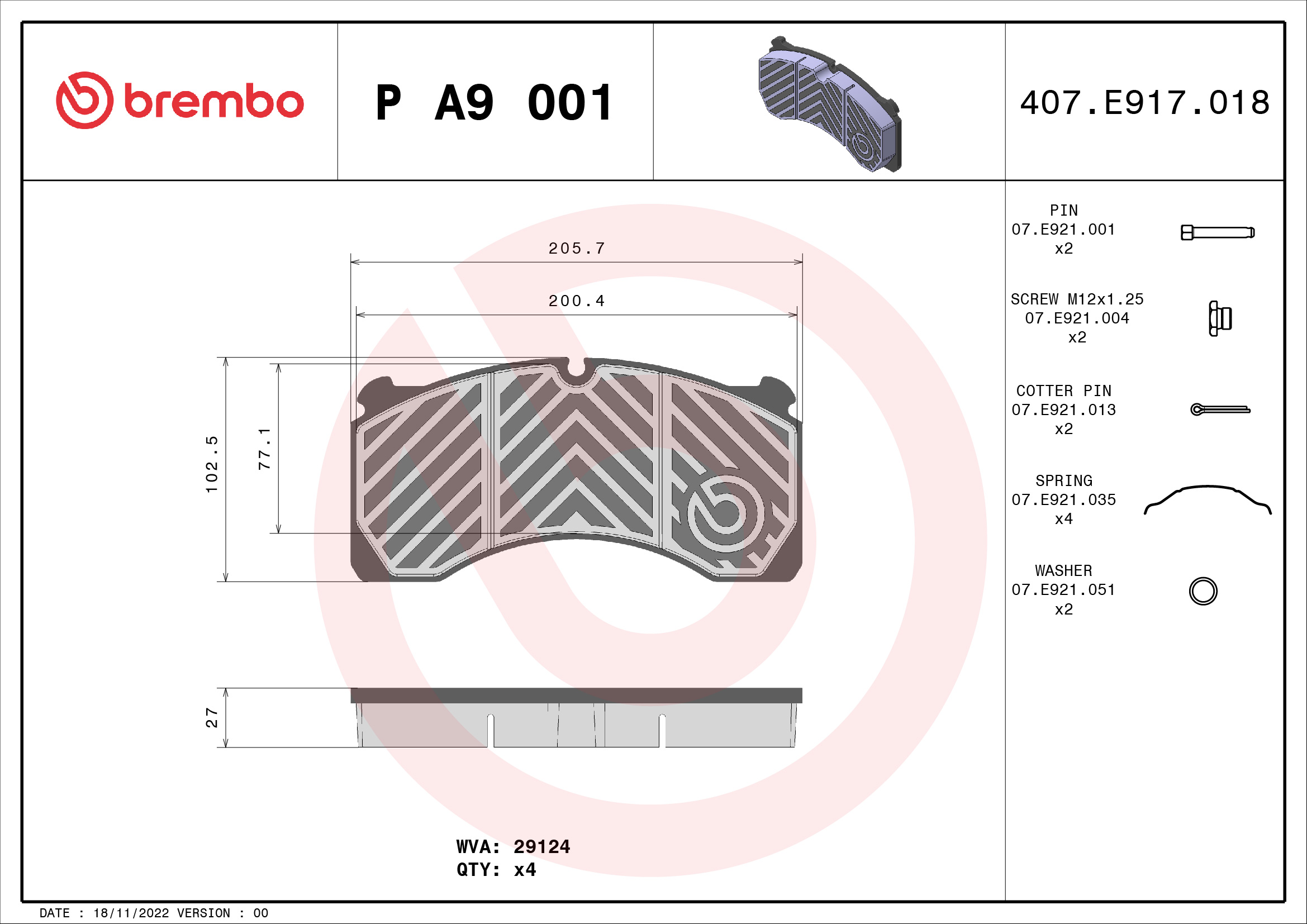 BREMBO P A9 001 PRIME LINE Bremsbelagsatz, Scheibenbremse