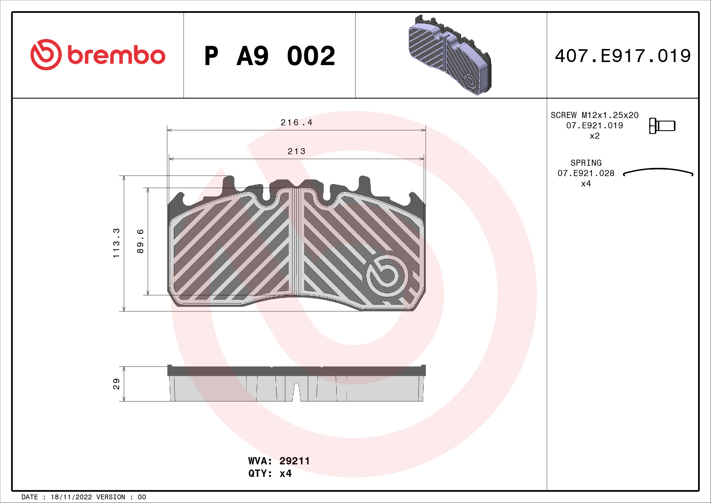 BREMBO P A9 002 PRIME LINE Bremsbelagsatz, Scheibenbremse