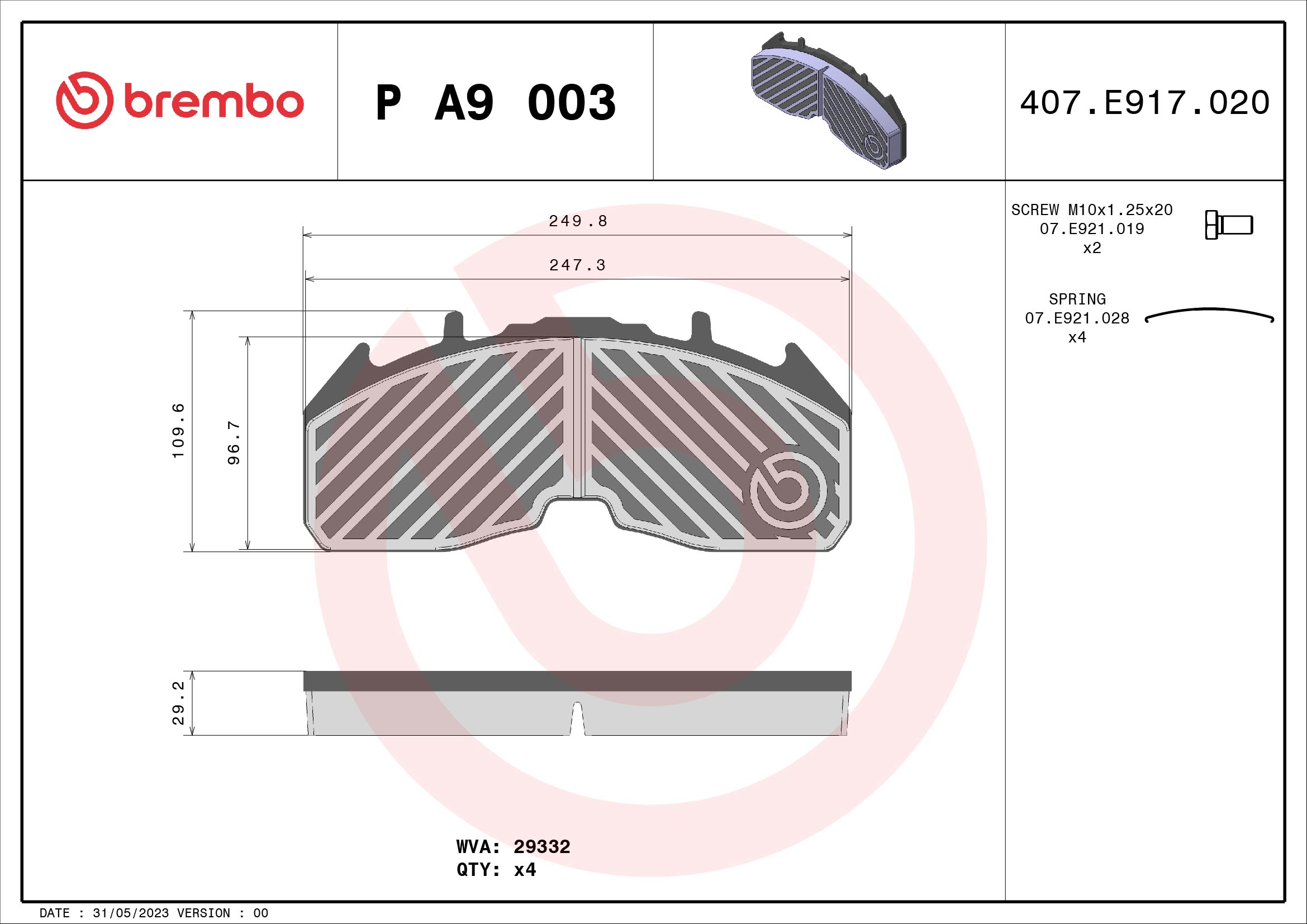 BREMBO P A9 003 PRIME LINE Bremsbelagsatz, Scheibenbremse