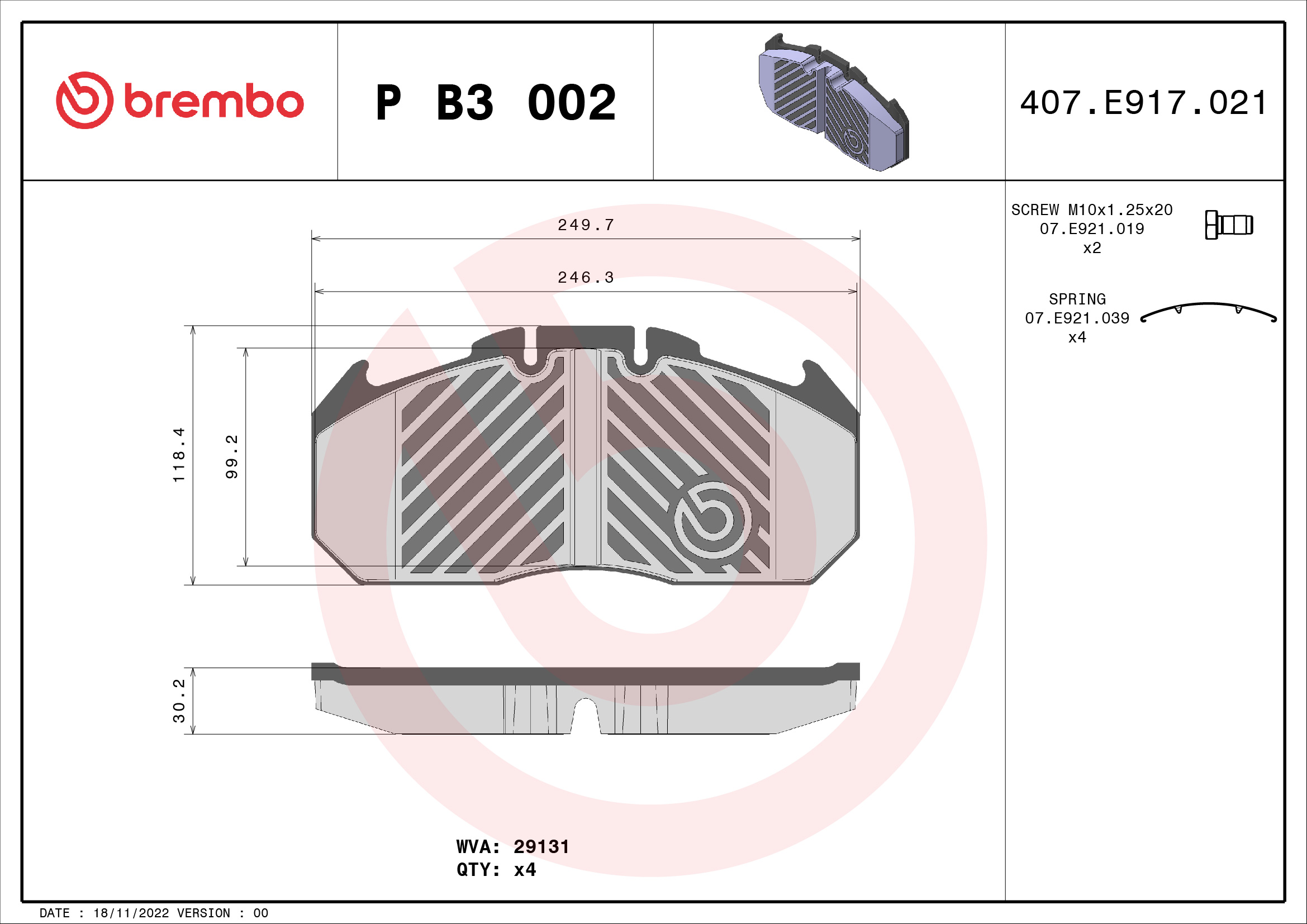 BREMBO P B3 002 PRIME LINE Bremsbelagsatz, Scheibenbremse