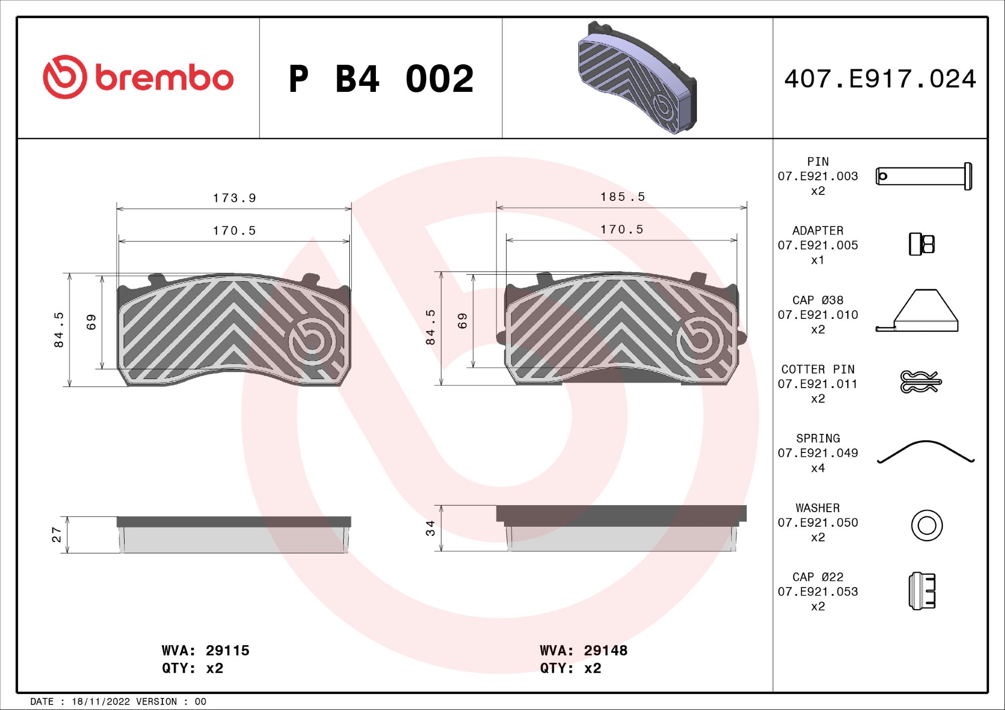 BREMBO P B4 002 PRIME LINE Bremsbelagsatz, Scheibenbremse
