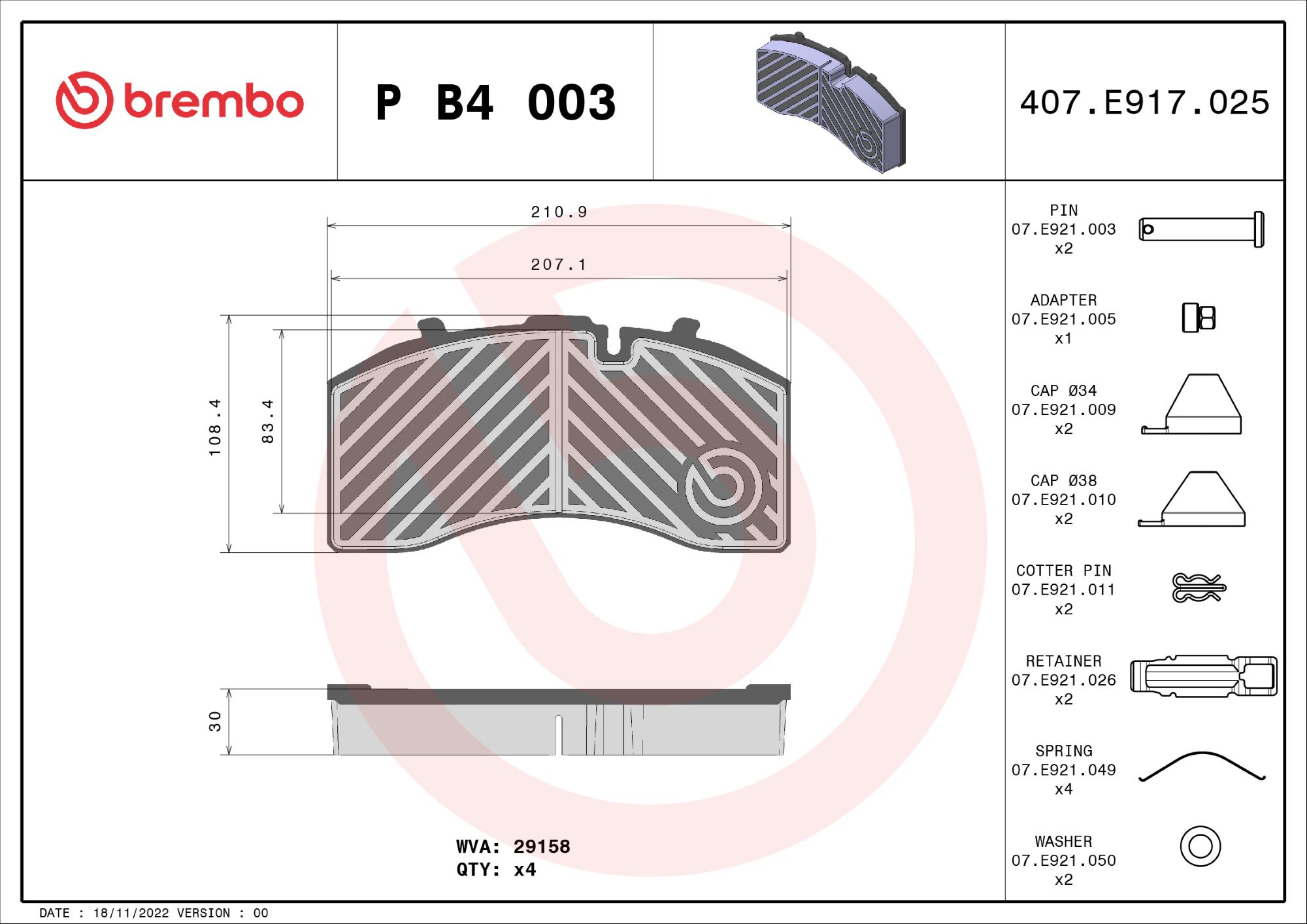 BREMBO P B4 003 PRIME LINE Bremsbelagsatz, Scheibenbremse
