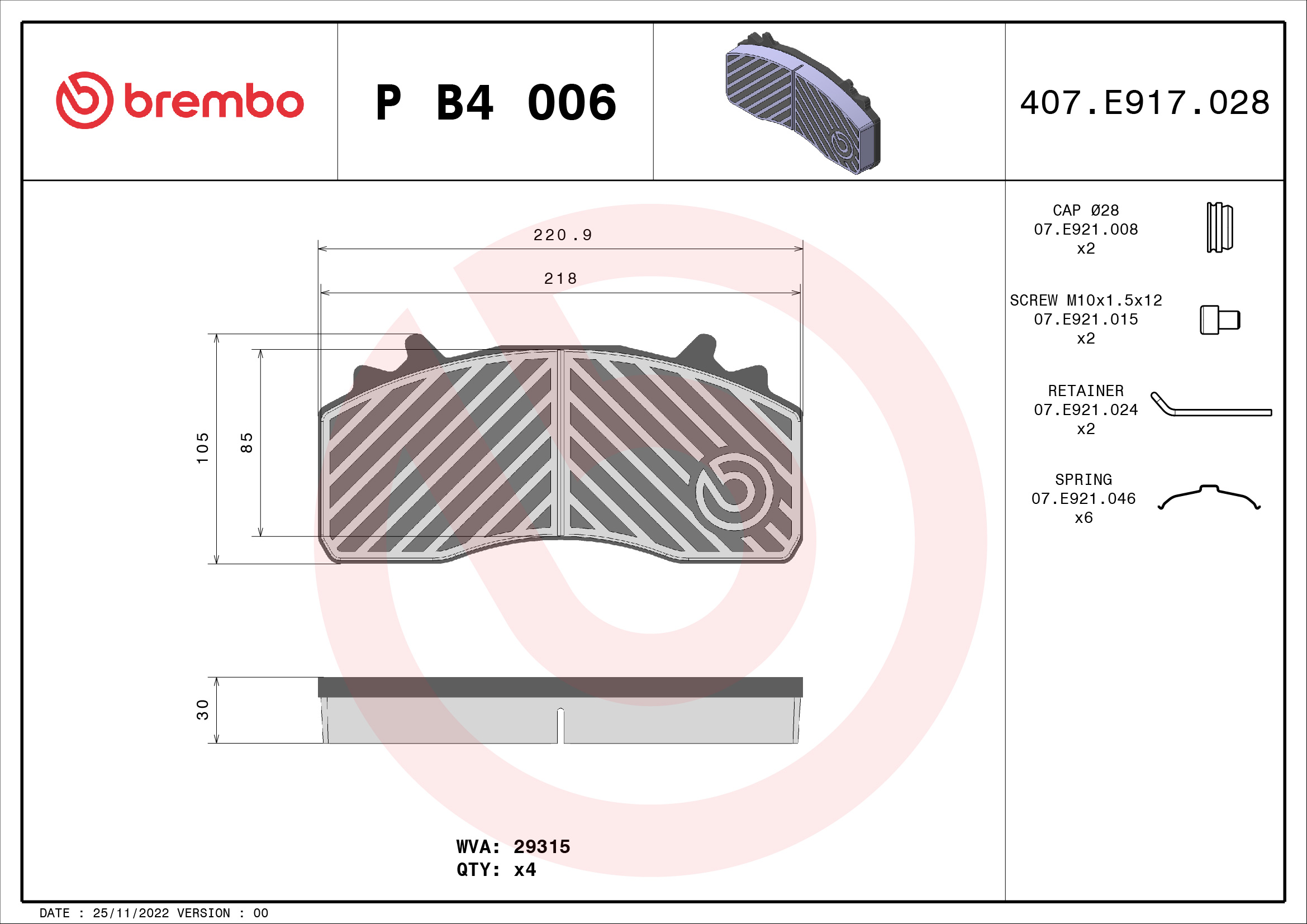 BREMBO P B4 006 PRIME LINE Bremsbelagsatz, Scheibenbremse