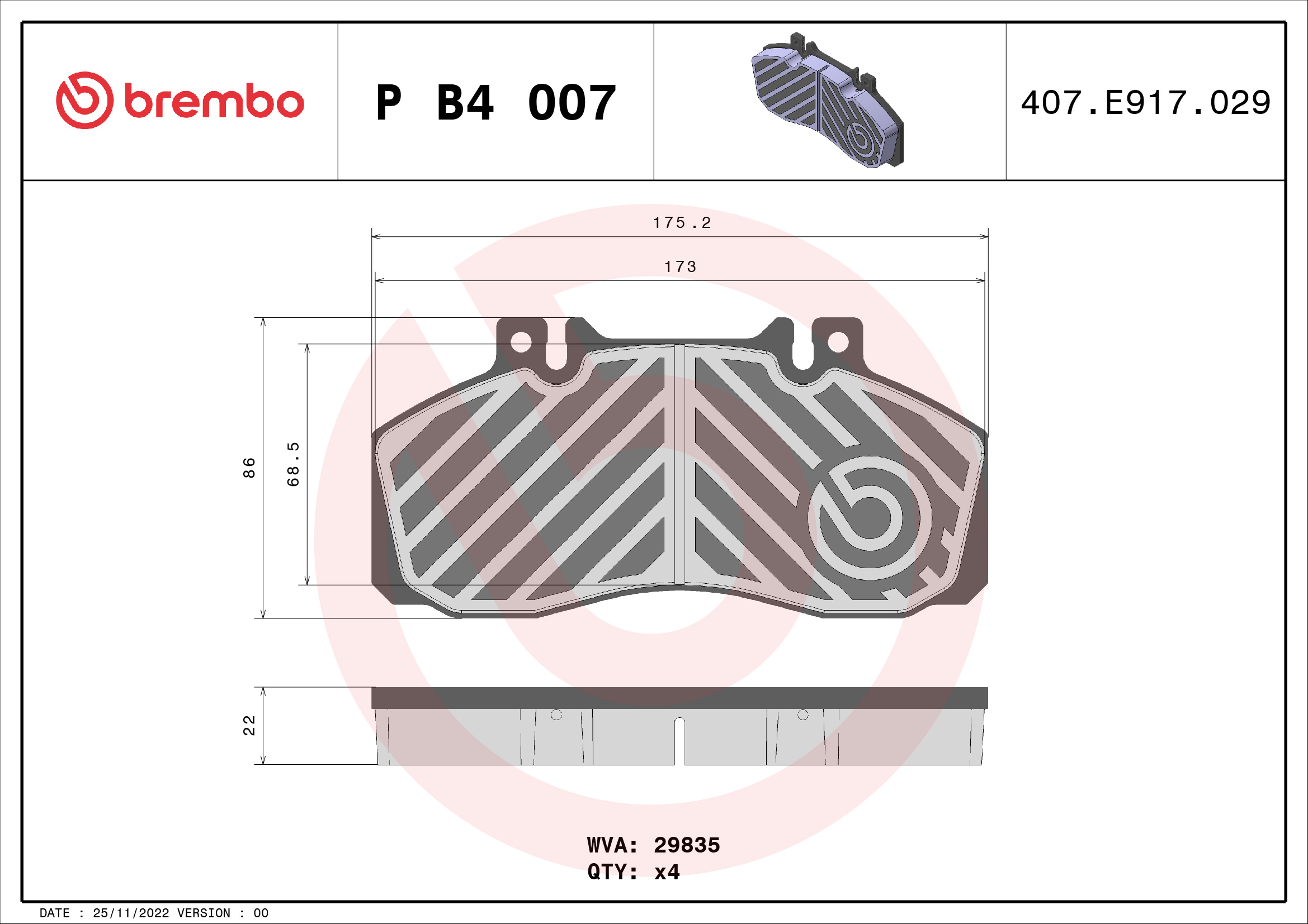 BREMBO P B4 007 PRIME LINE Bremsbelagsatz, Scheibenbremse