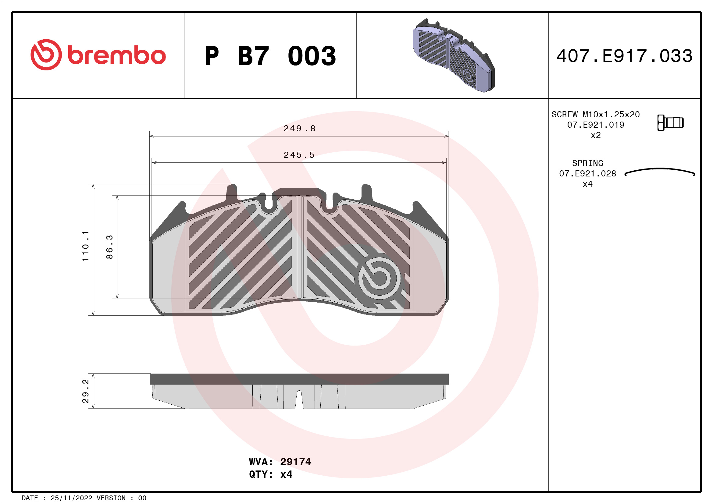 BREMBO P B7 003 PRIME LINE Bremsbelagsatz, Scheibenbremse
