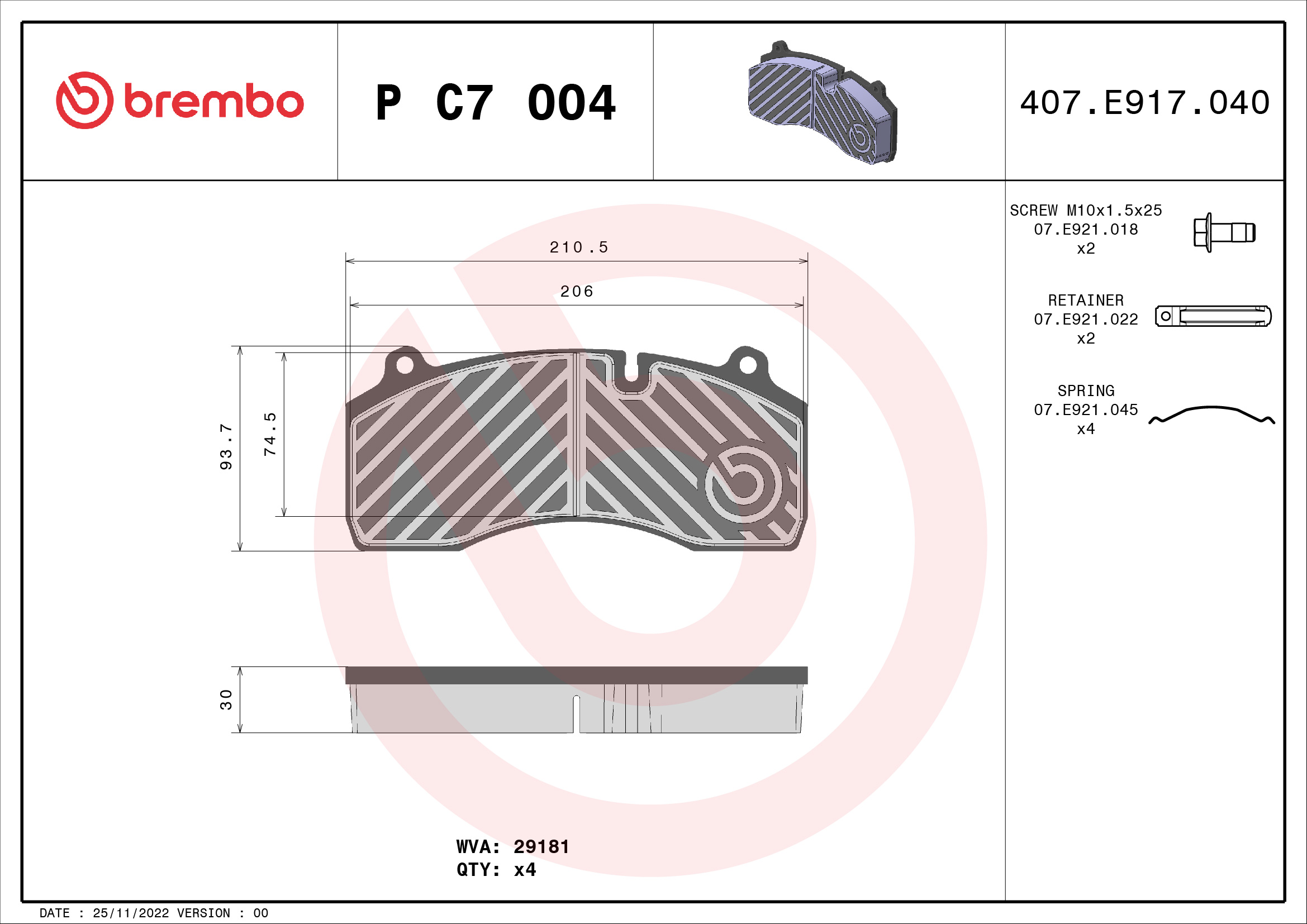 BREMBO P C7 004 PRIME LINE Bremsbelagsatz, Scheibenbremse