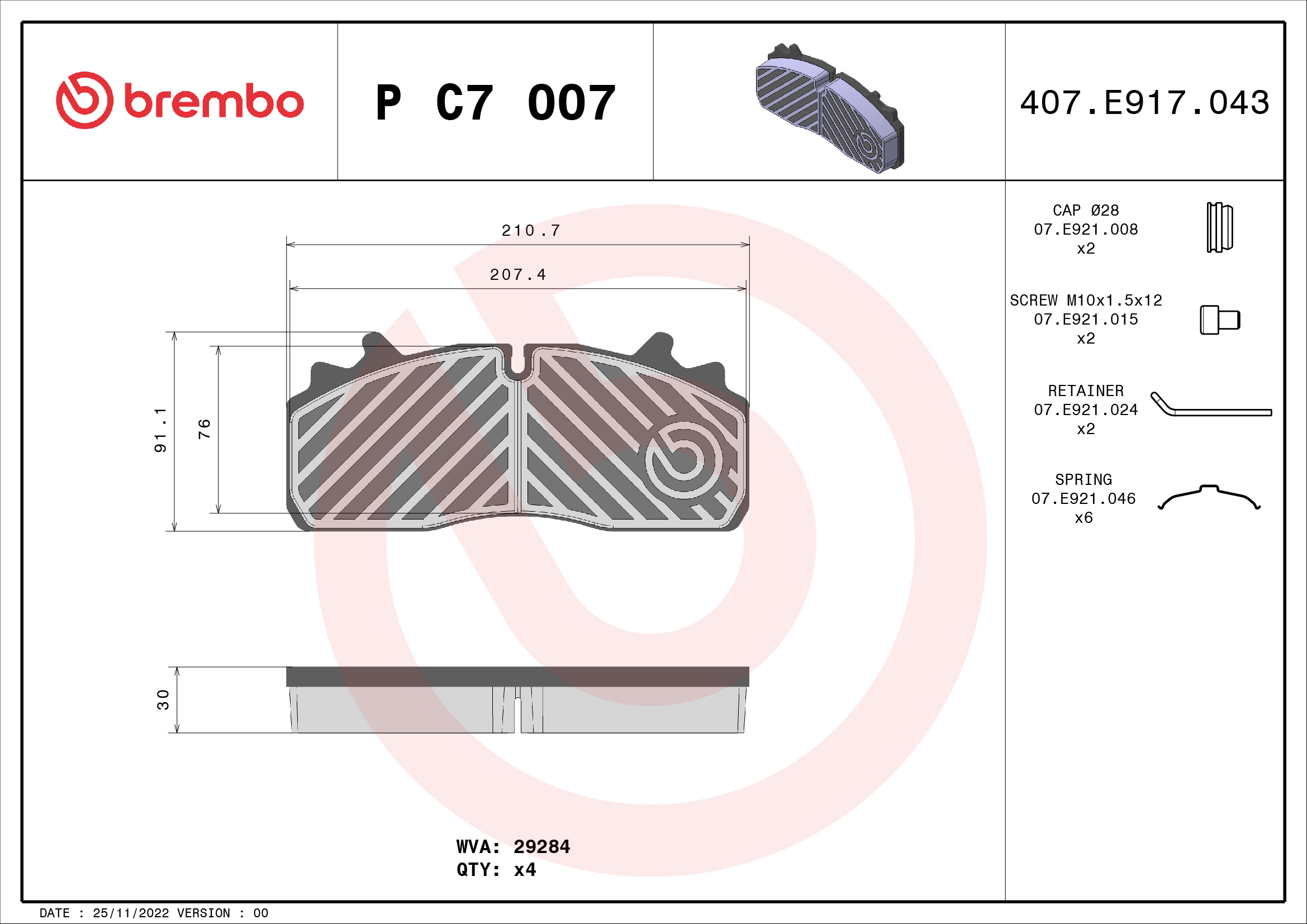 BREMBO P C7 007 PRIME LINE Bremsbelagsatz, Scheibenbremse