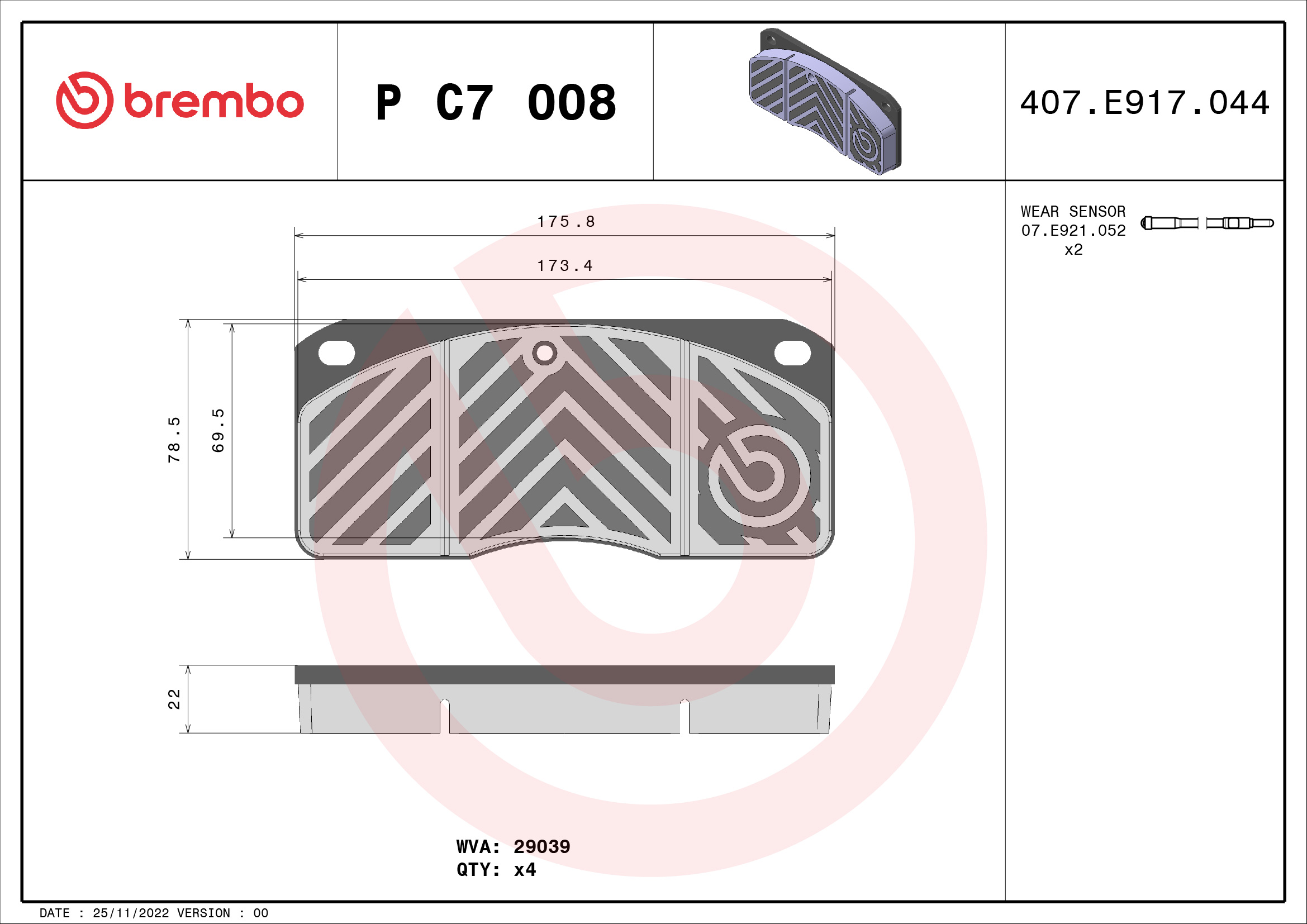 BREMBO P C7 008 PRIME LINE Bremsbelagsatz, Scheibenbremse