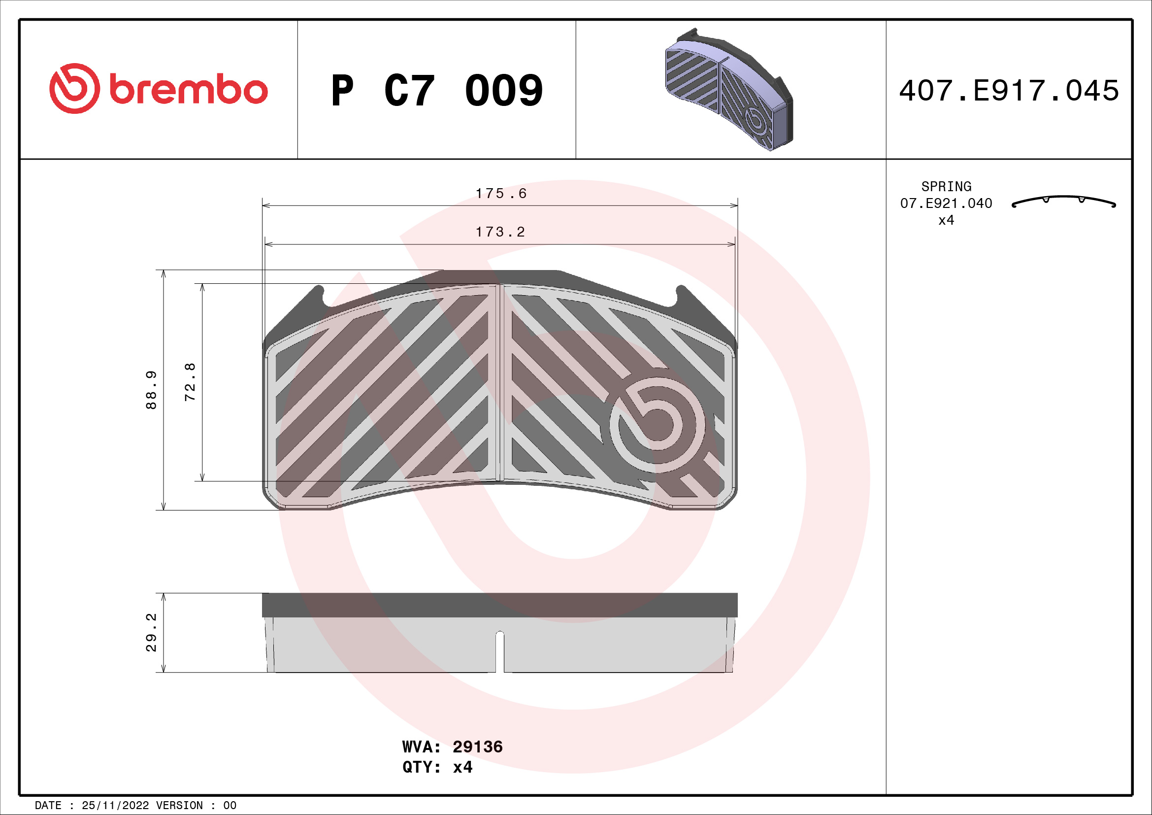 BREMBO P C7 009 PRIME LINE Bremsbelagsatz, Scheibenbremse