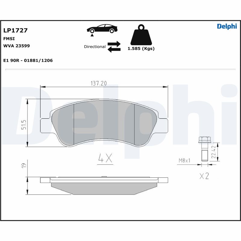 DELPHI LP1727 Kit pastiglie freno, Freno a disco